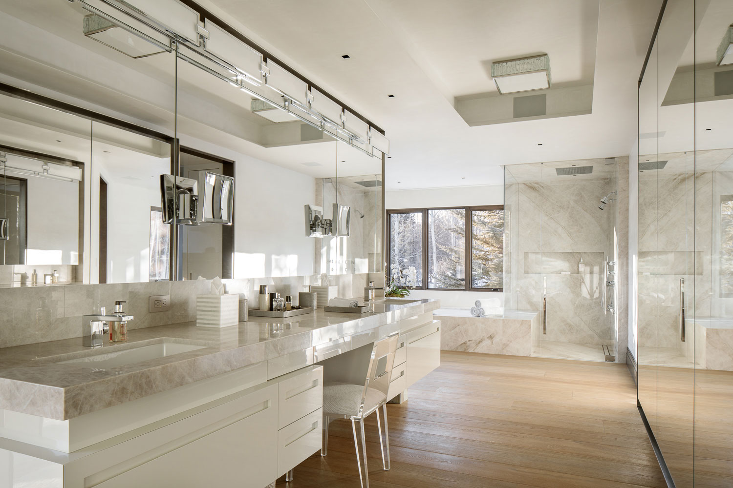 Red Mountain - Modern white marble bathroom in Red Mountain vacation home with large vanity. Interior...
