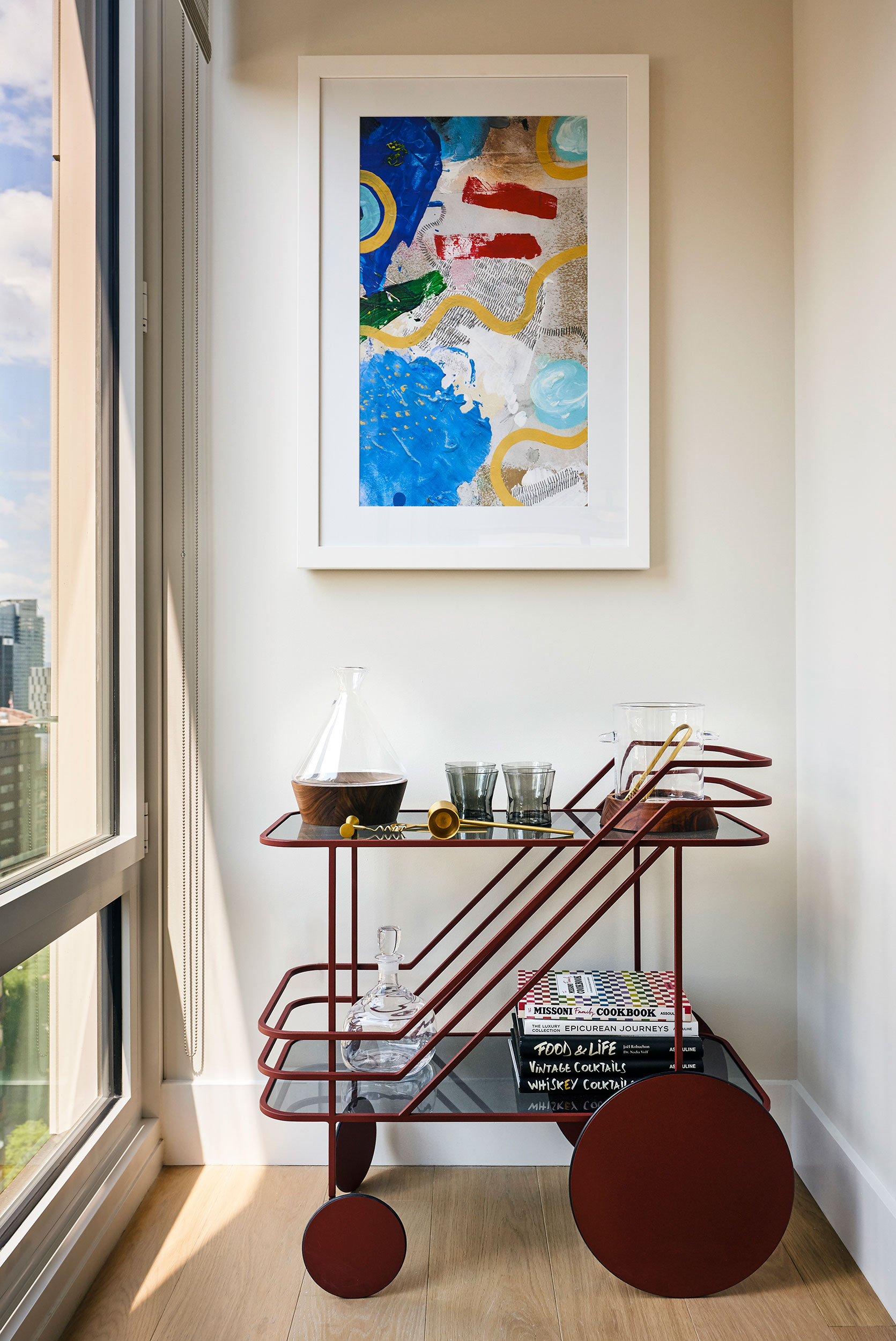 The Park Loggia - Modern personal bar cart in NY luxury tower residence, interior design by Pembrooke...