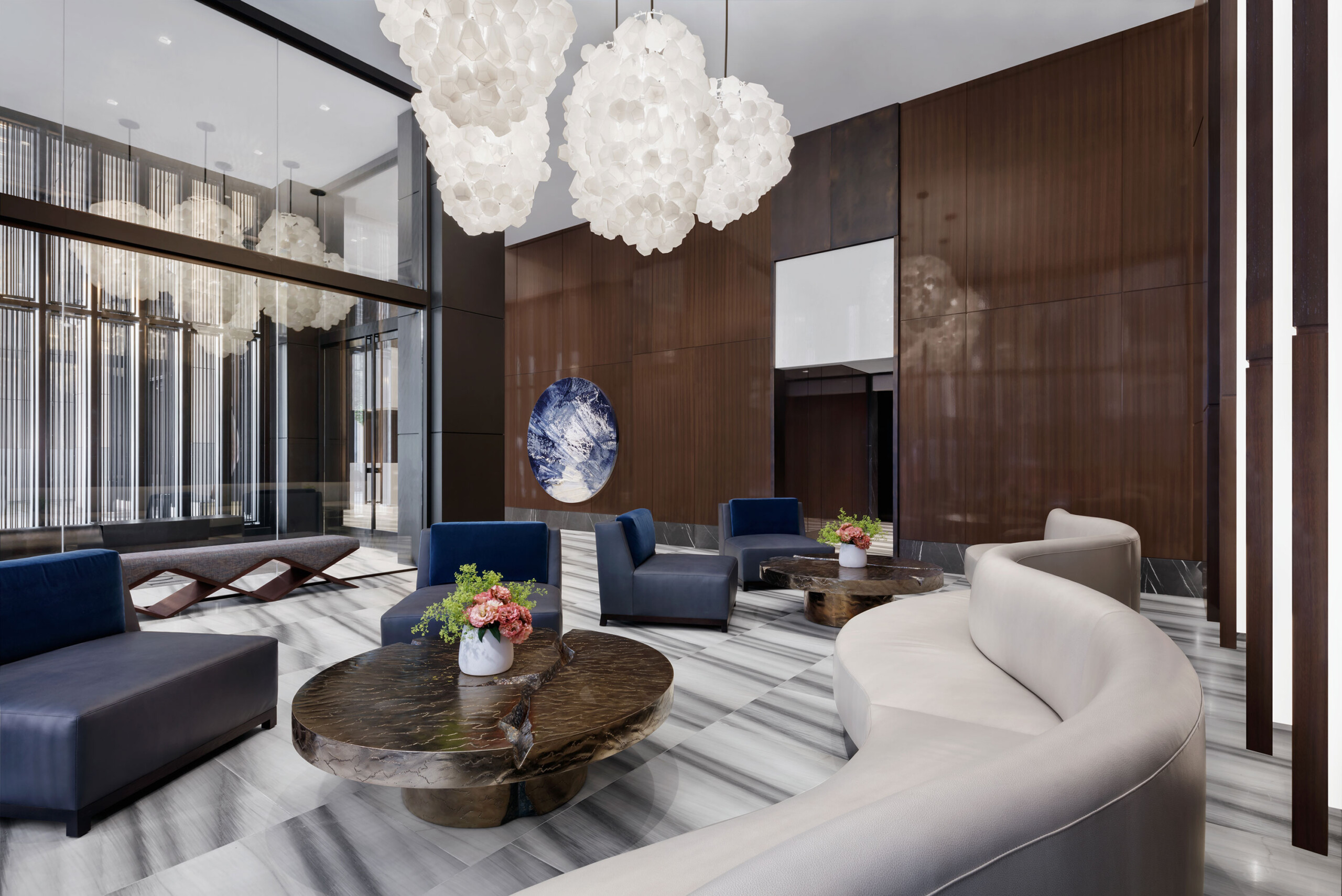 The Park Loggia - Modern lounge area in lobby of luxury residential building in New York. White,...