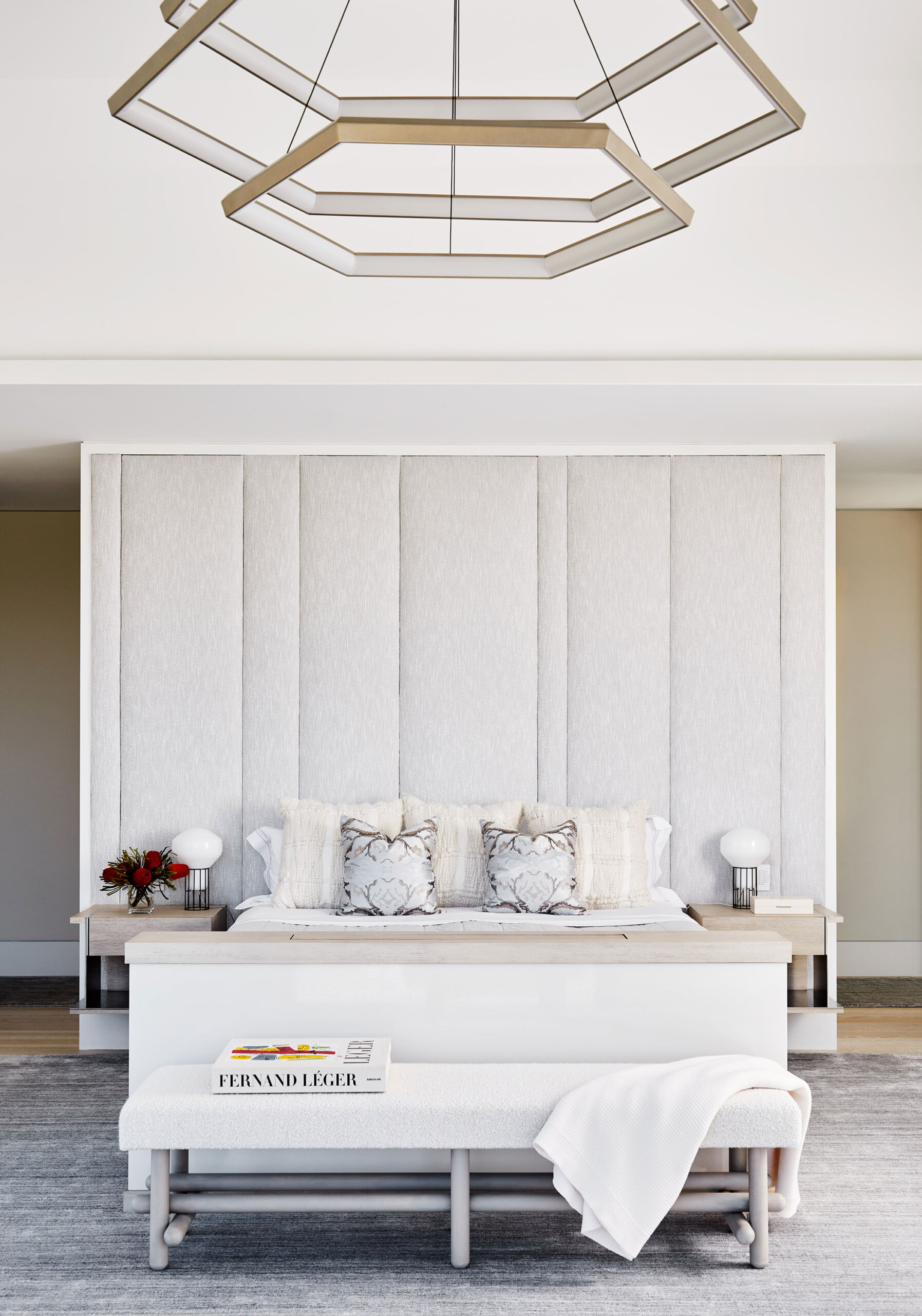 Southampton Estate - Pembrooke & Ives - Southampton bedroom with neutral tones, upholstered bench...