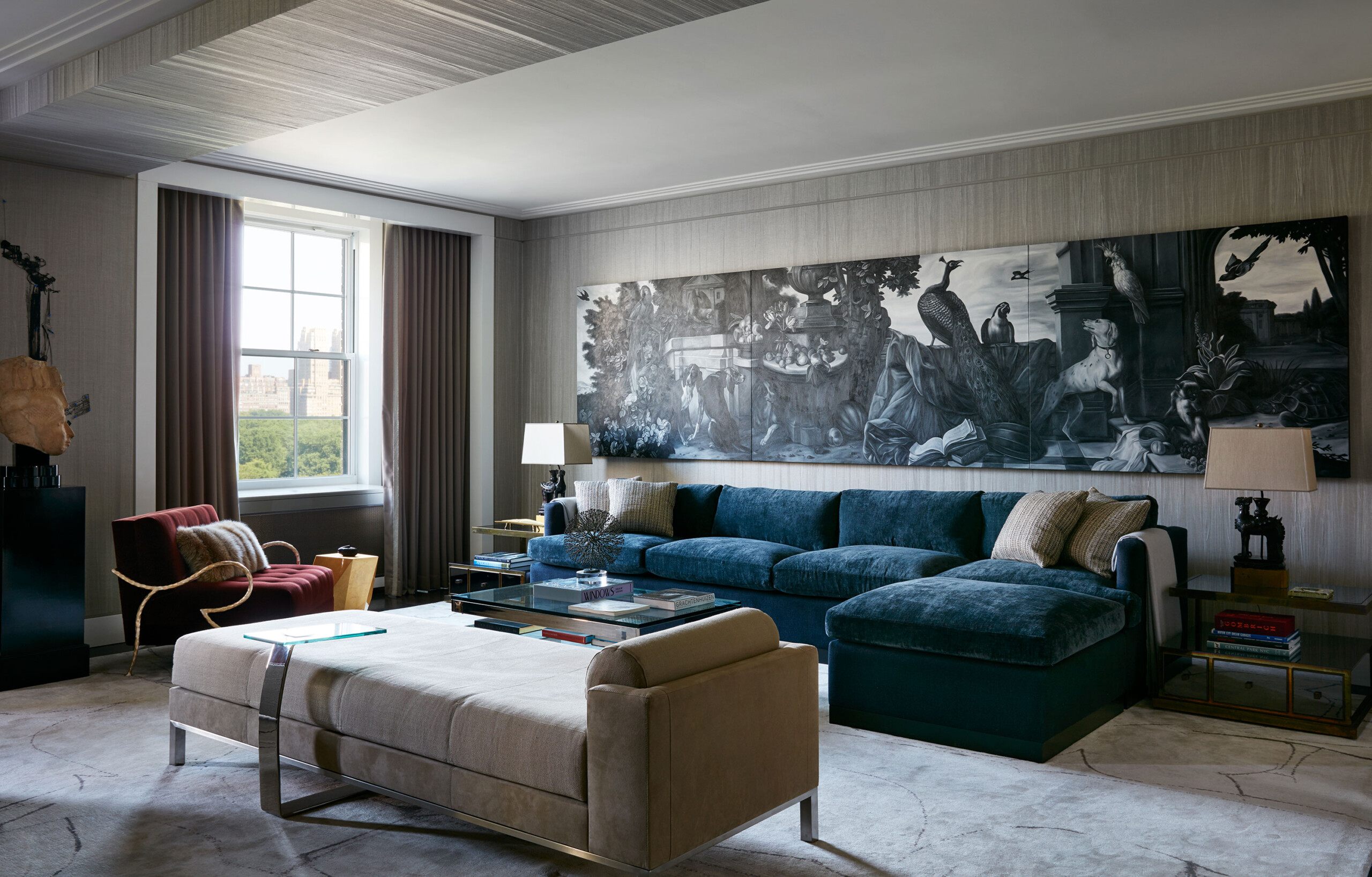 Fifth Avenue Pied-a-Terre - Pembrooke & Ives Modern living room with blue sofa and large-scale...