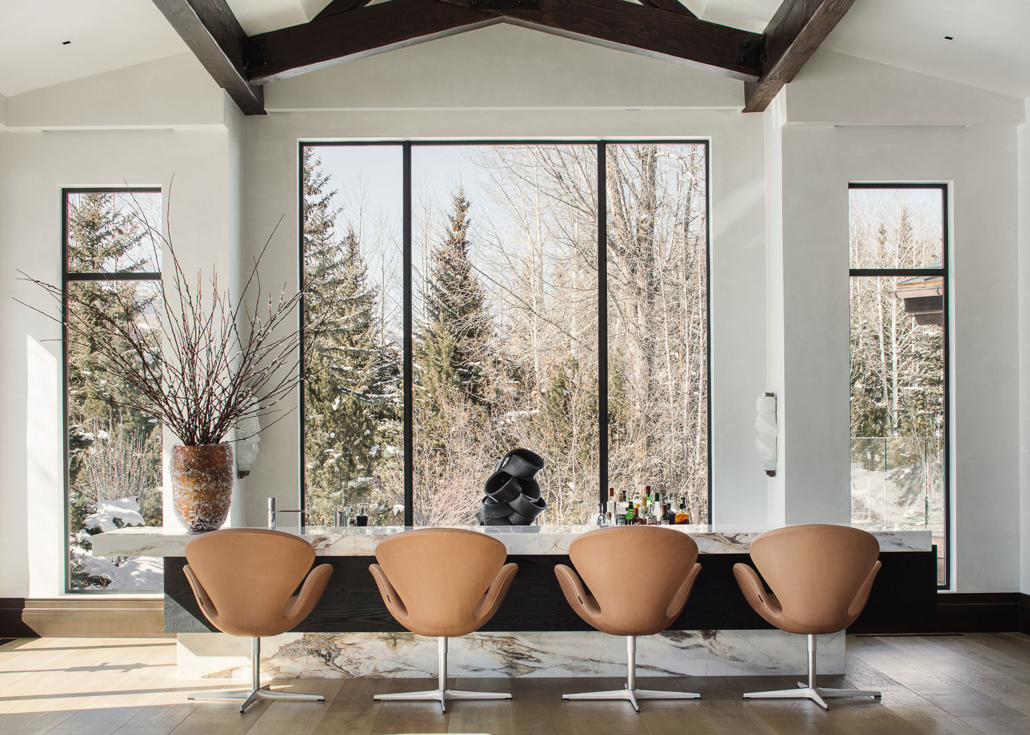 Red Mountain - Bar of mountain vacation home with low bar seating, marble bartop, and large windows...