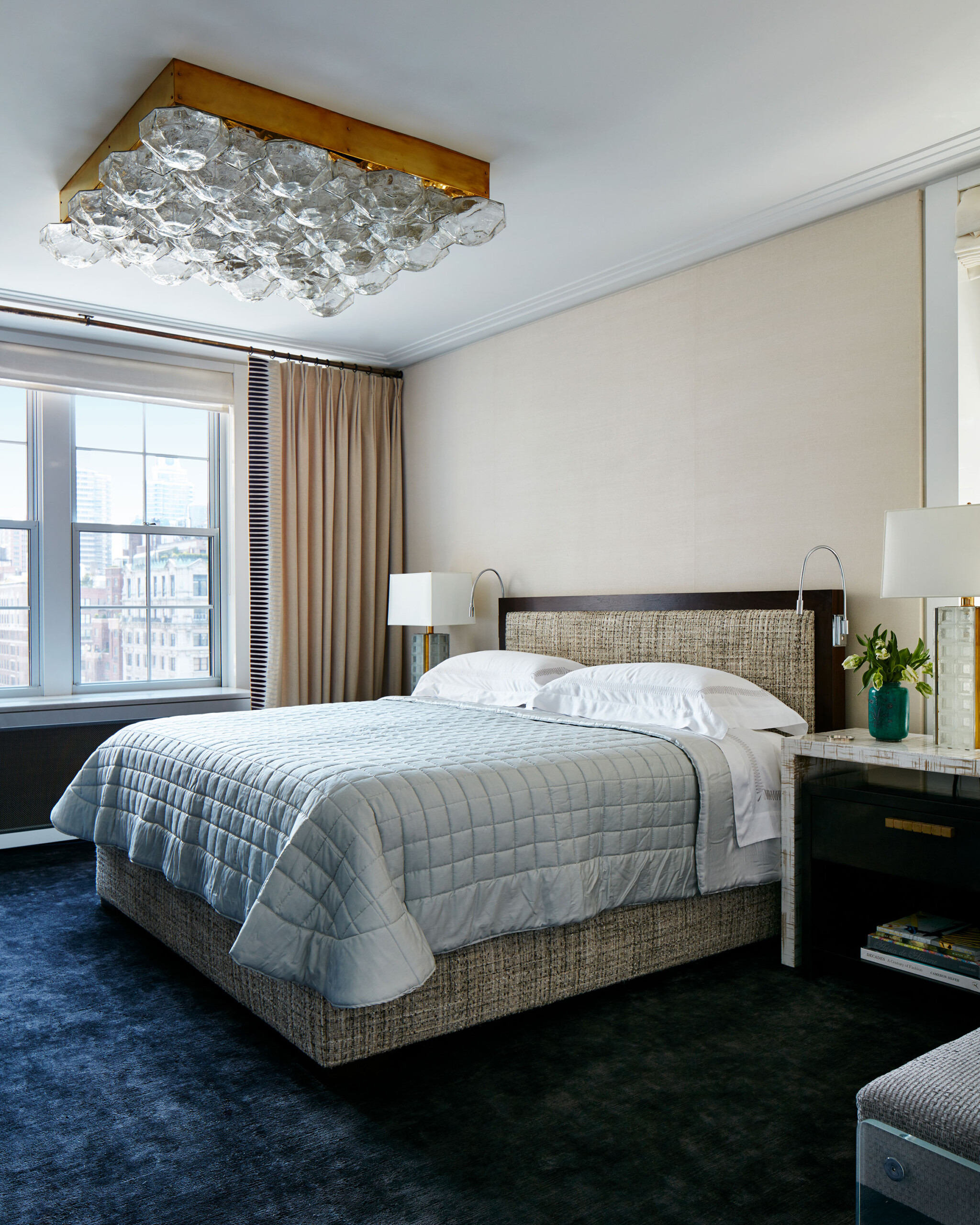 Fifth Avenue Pied-a-Terre - Pembrooke & Ives Bedroom with glass ceiling lighting, upholstered headboard,...
