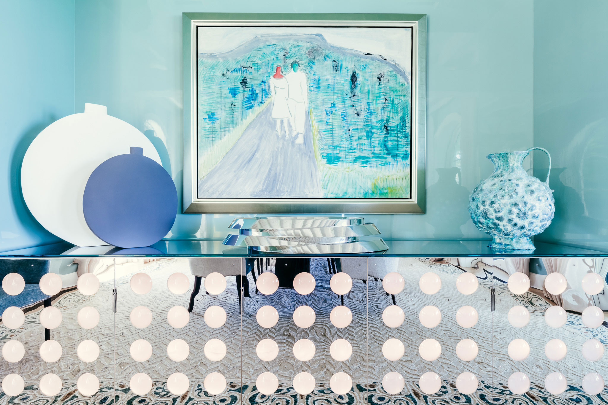 Ocean-front Compound - Detail of modern mirrored console in coastal ocean-front compound. Interior...