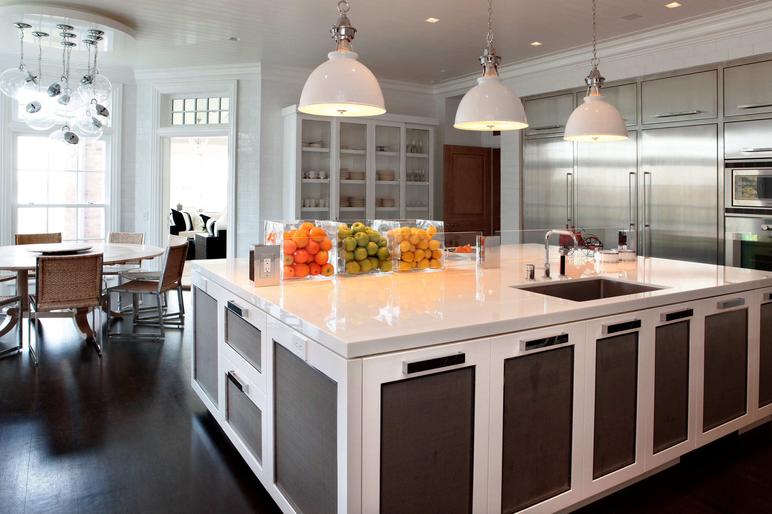 Watermill Cottage - White & stainless steel transitional kitchen in Long Island, NY cottage. Interior...