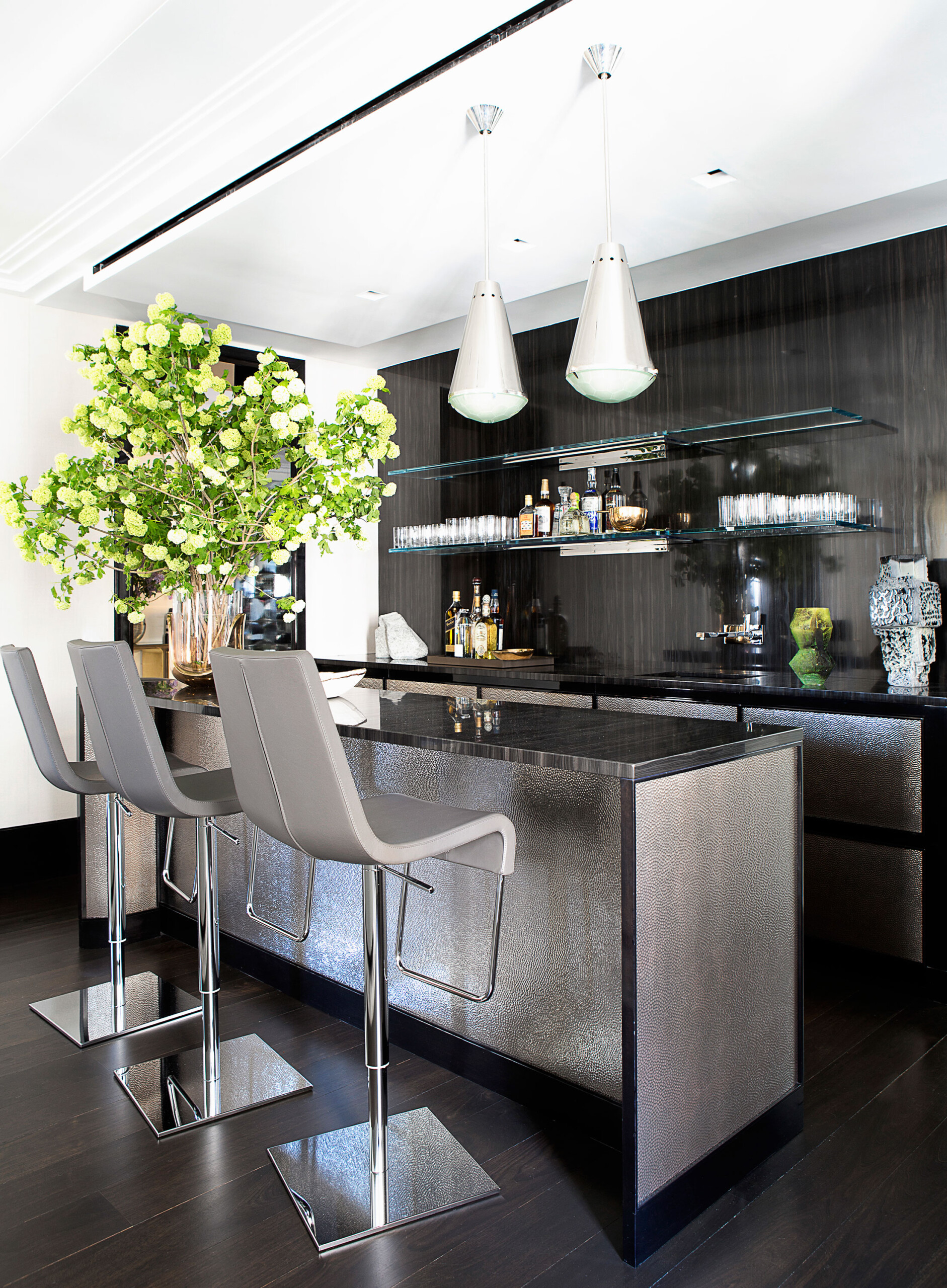 Glamour on Park - New York luxury home bar with black, glass, white, and chrome finishes. Interior...