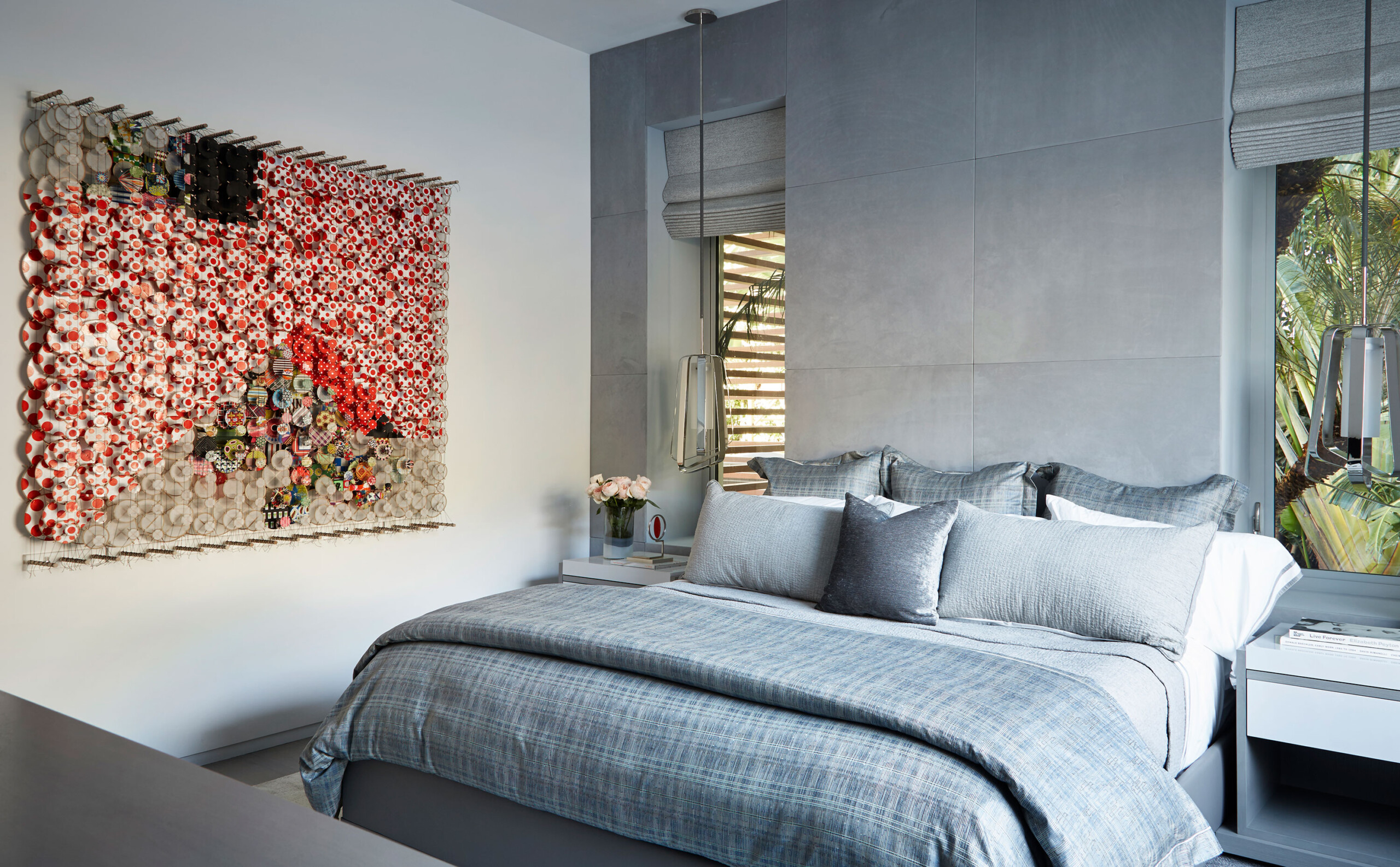 Lost Tree Way - Modern bedroom with grey tones in art-filled Palm Beach, FL home. Interior design...