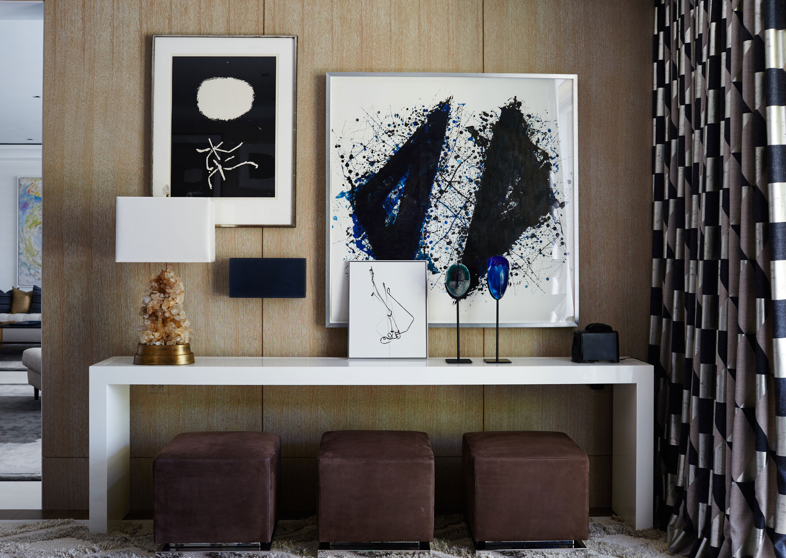 Lakefront Home - Details of Palm Beach, FL home with cube seating and white table. Interior design...