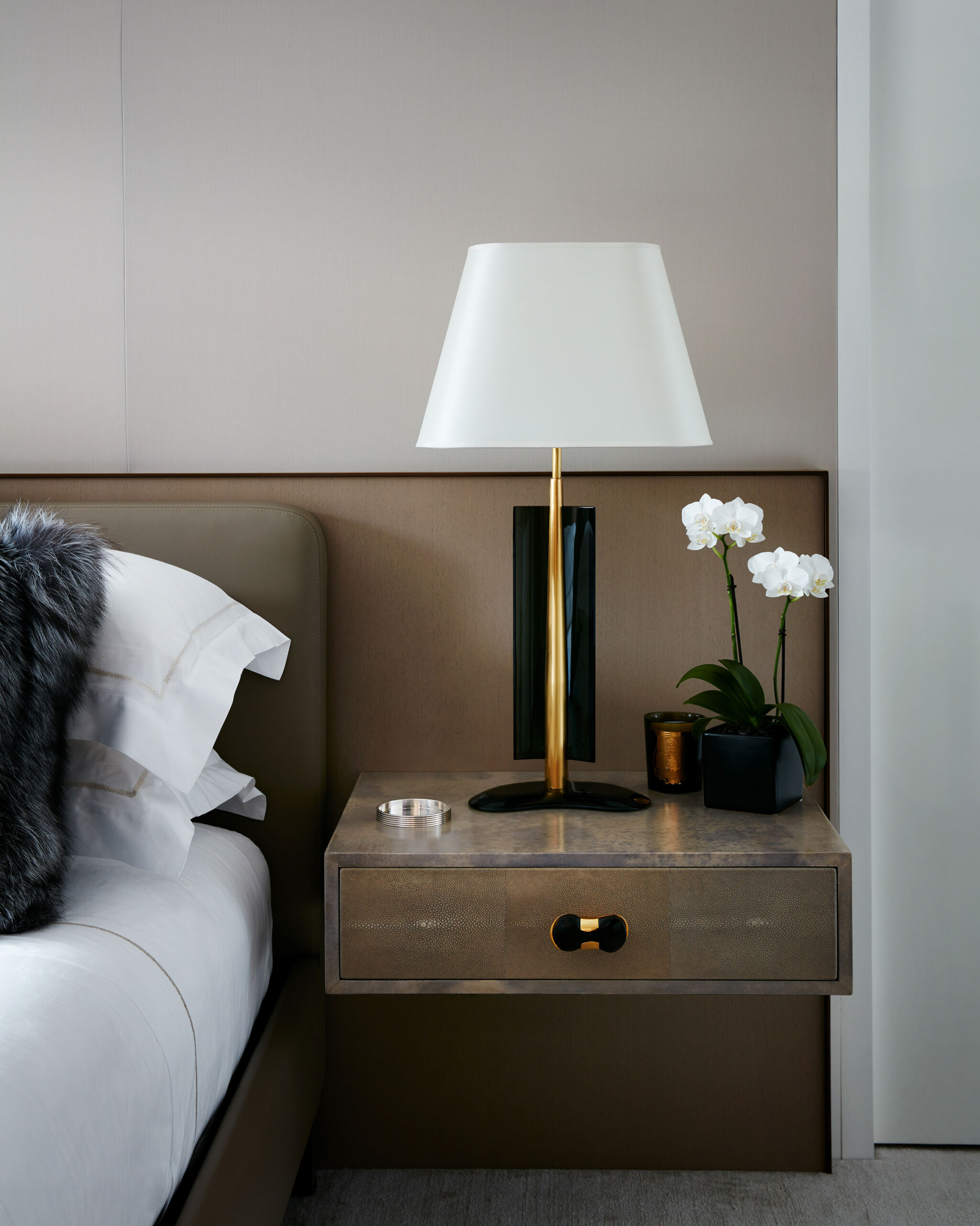 Park Avenue - Bedroom nightstand detail of modern Park Avenue residence. Neutral tones, modern...