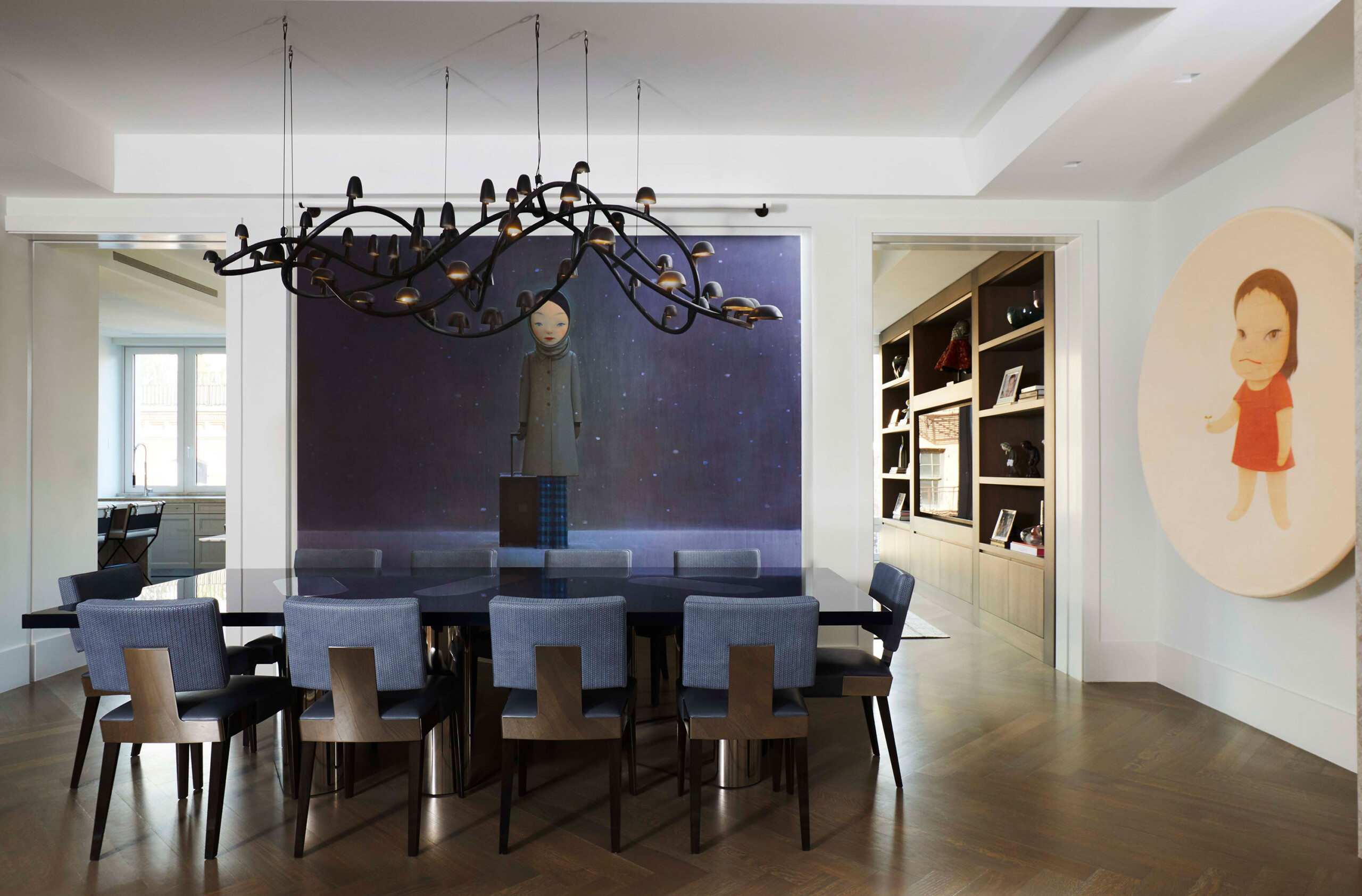 Leonard Street - Modern dining room with statement chandelier and contemporary art in Tribeca NY...
