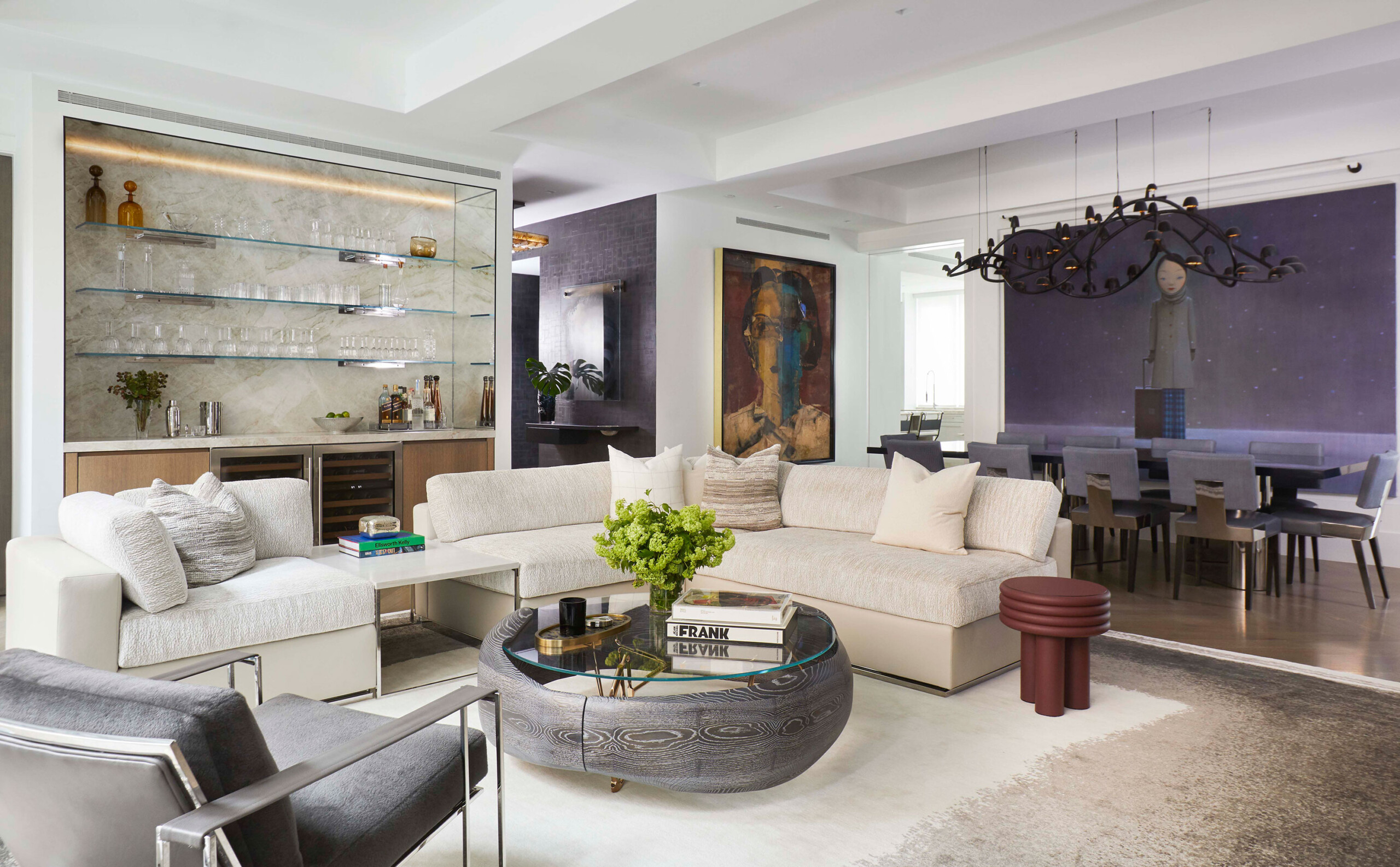Leonard Street - Modern living room with bar and dining room in Tribeca, NY home. Interior design...