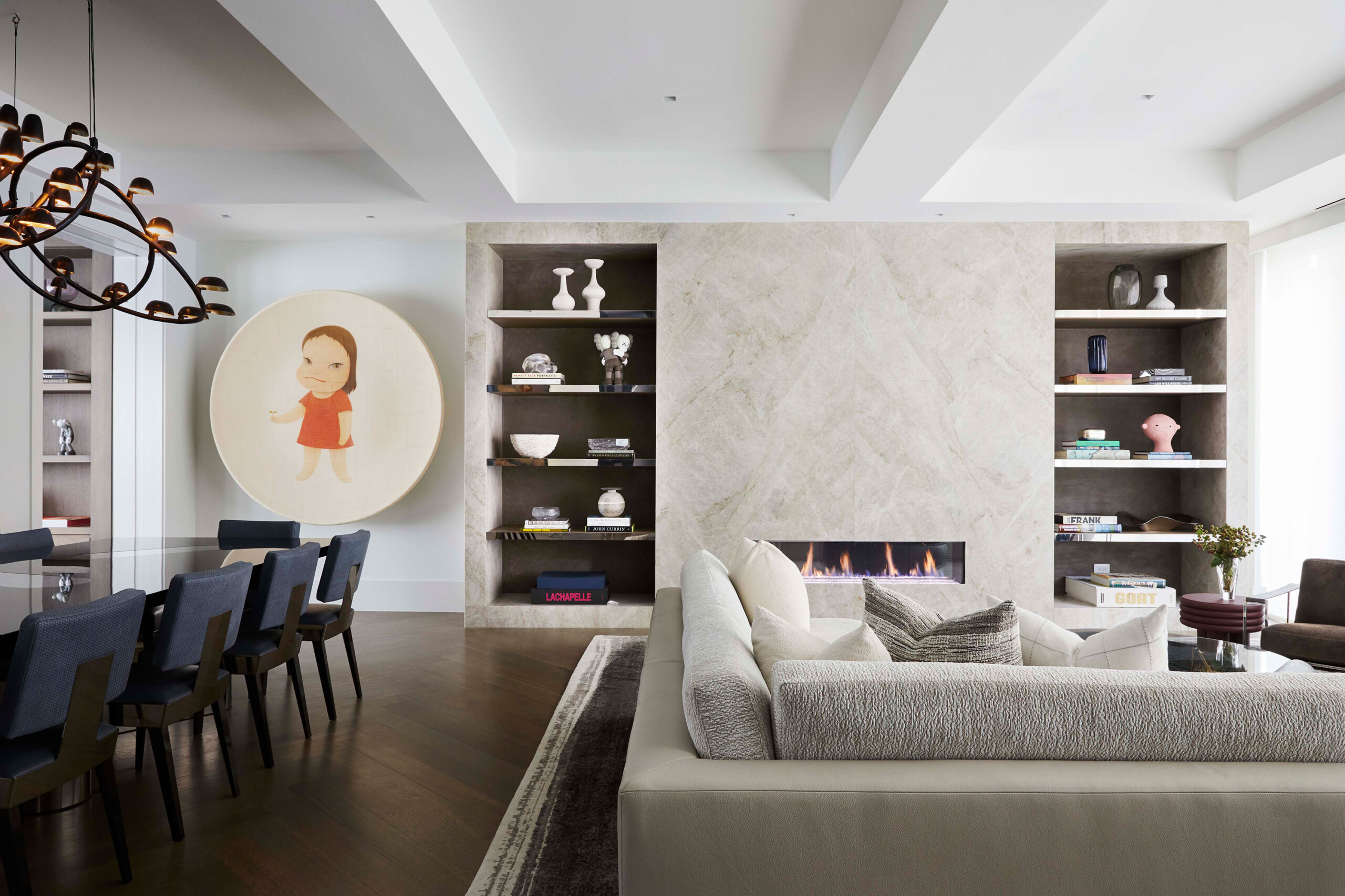 Leonard Street - Modern living room & dining room open floorplan with minimalist fireplace in Tribeca...