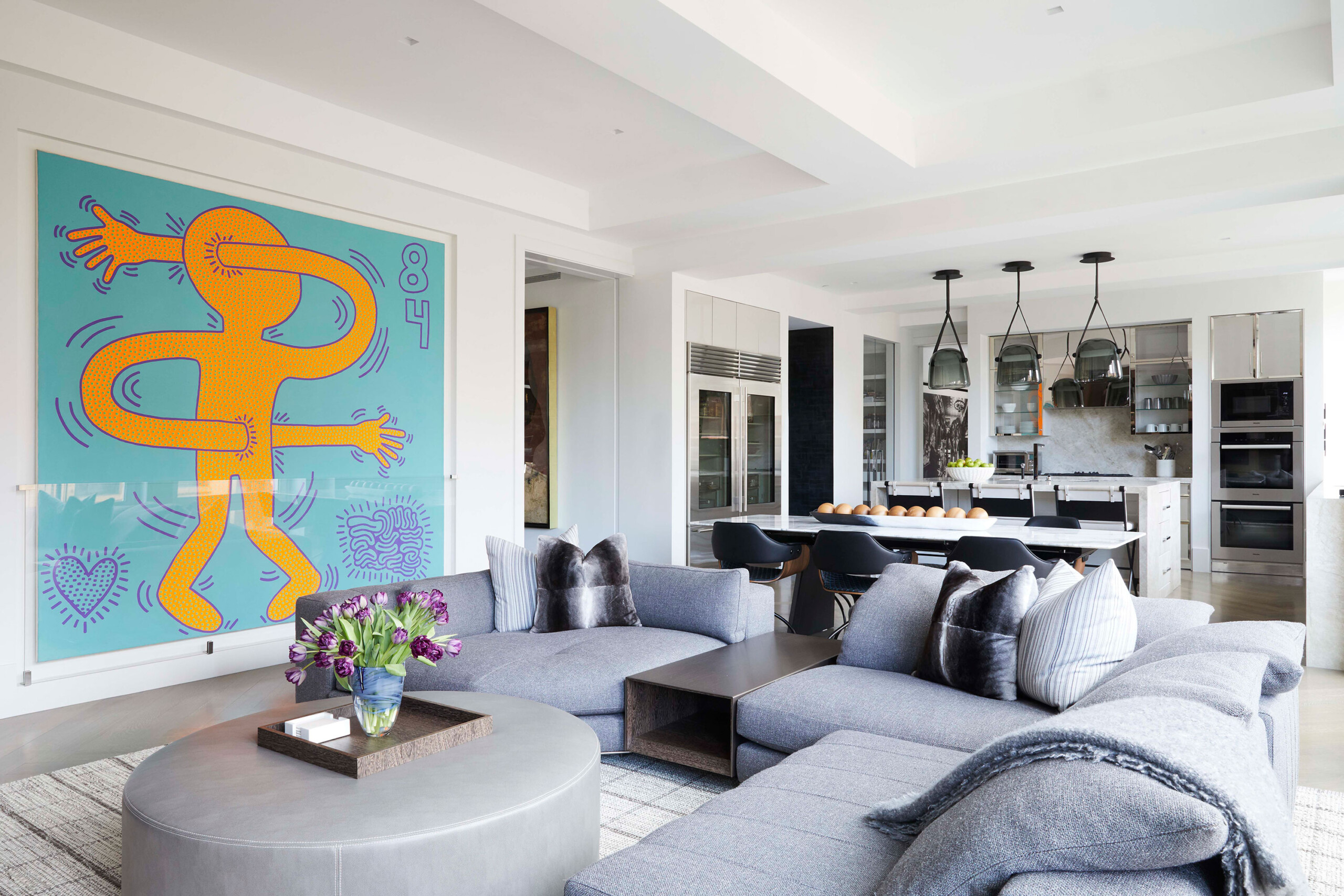 Leonard Street - Contemporary living room and kitchen in open layout Tribeca, NY home. Interior...