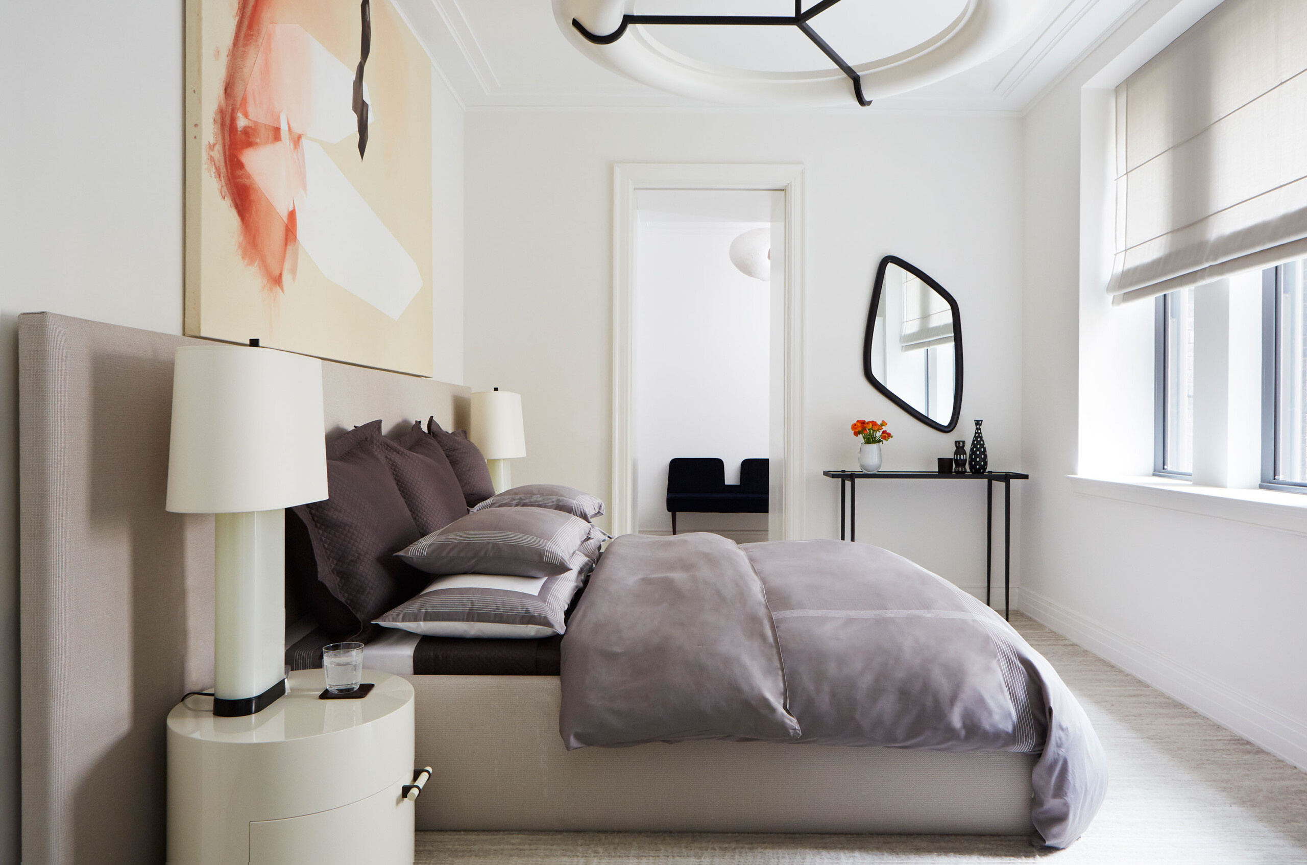 Upper West Side - Contemporary grey and white bedroom in pre-war New York home. Interior design...