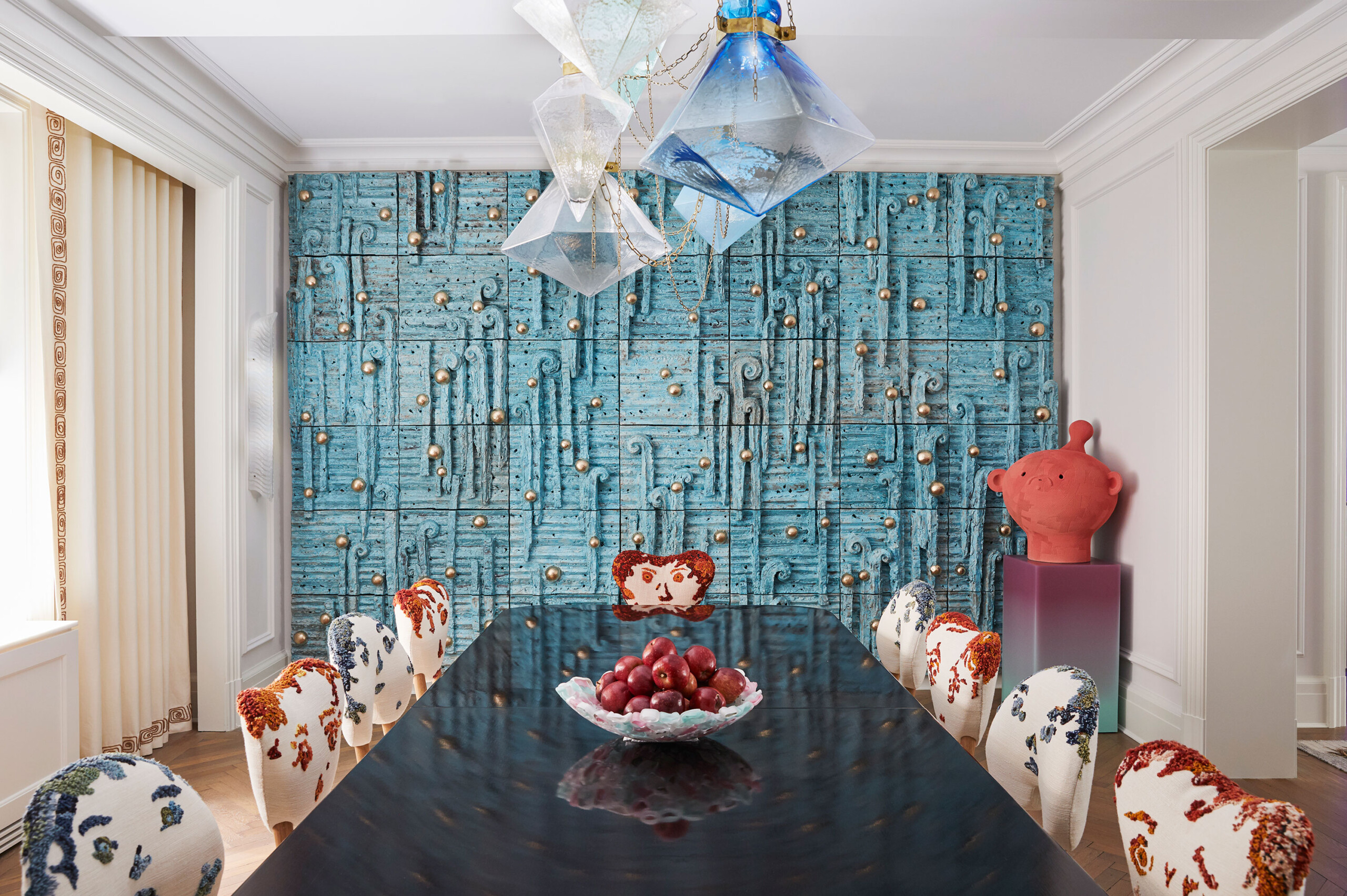 Uptown Eclectic - Pembrooke & Ives - Eclectic dining room with blue textured accent wall, modern...