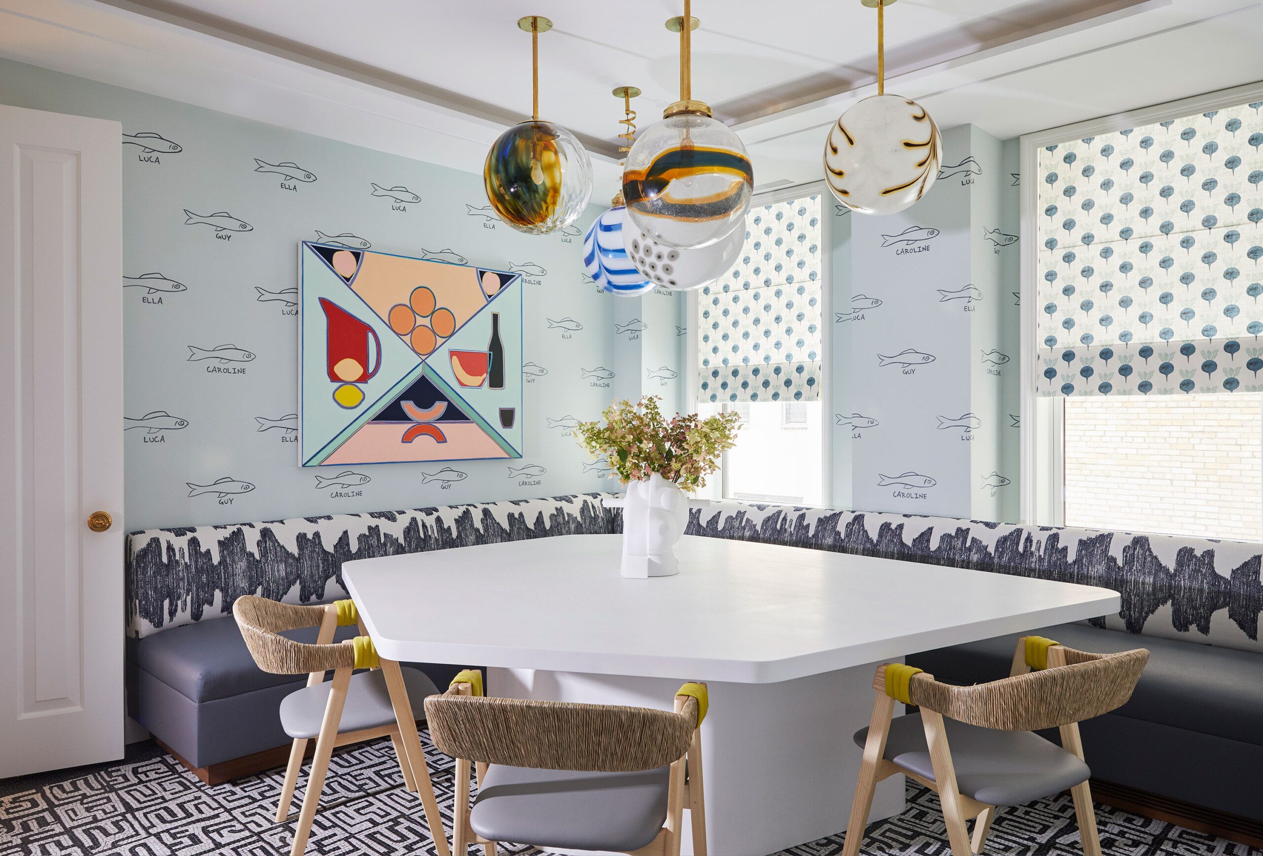 Uptown Eclectic - Pembrooke & Ives - Eclectic eat-in kitchen nook with bench seating, hexagonal...