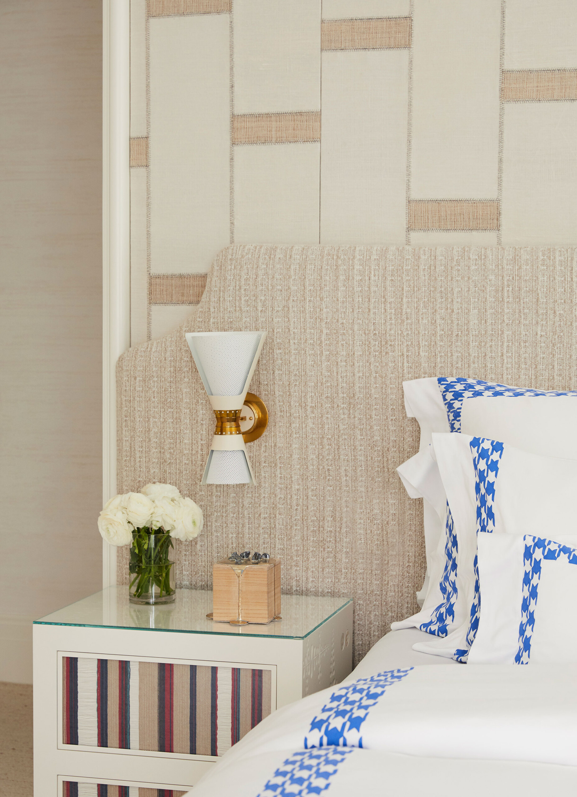 Uptown Eclectic - Pembrooke & Ives - Eclectic bedroom bedside table with modern headboard-mounted...