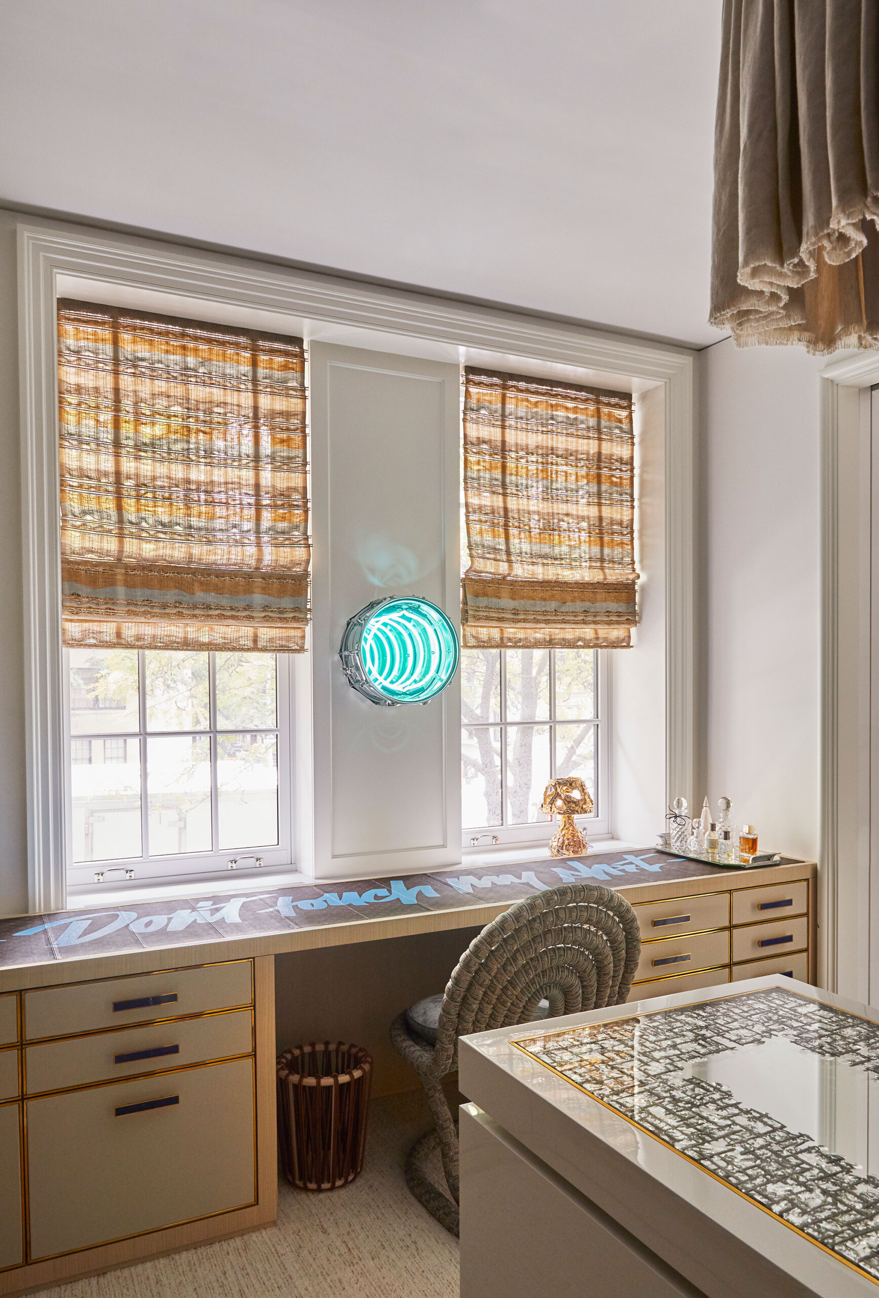 Uptown Eclectic - Pembrooke & Ives - Luxury eclectic closet vanity desk with gold accents. Interior...