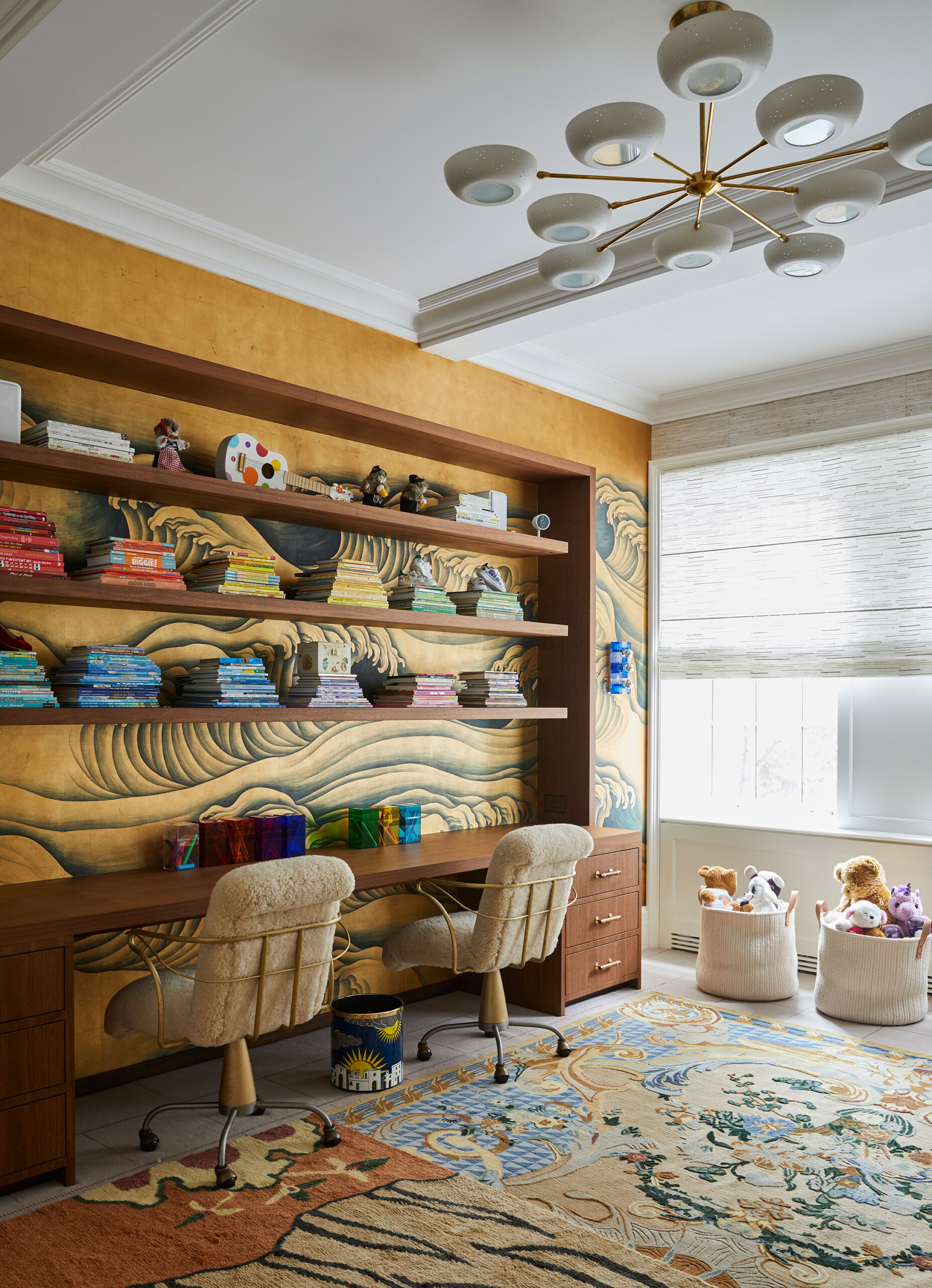 Uptown Eclectic - Pembrooke & Ives - Eclectic double desk office space with artistic wallpaper,...