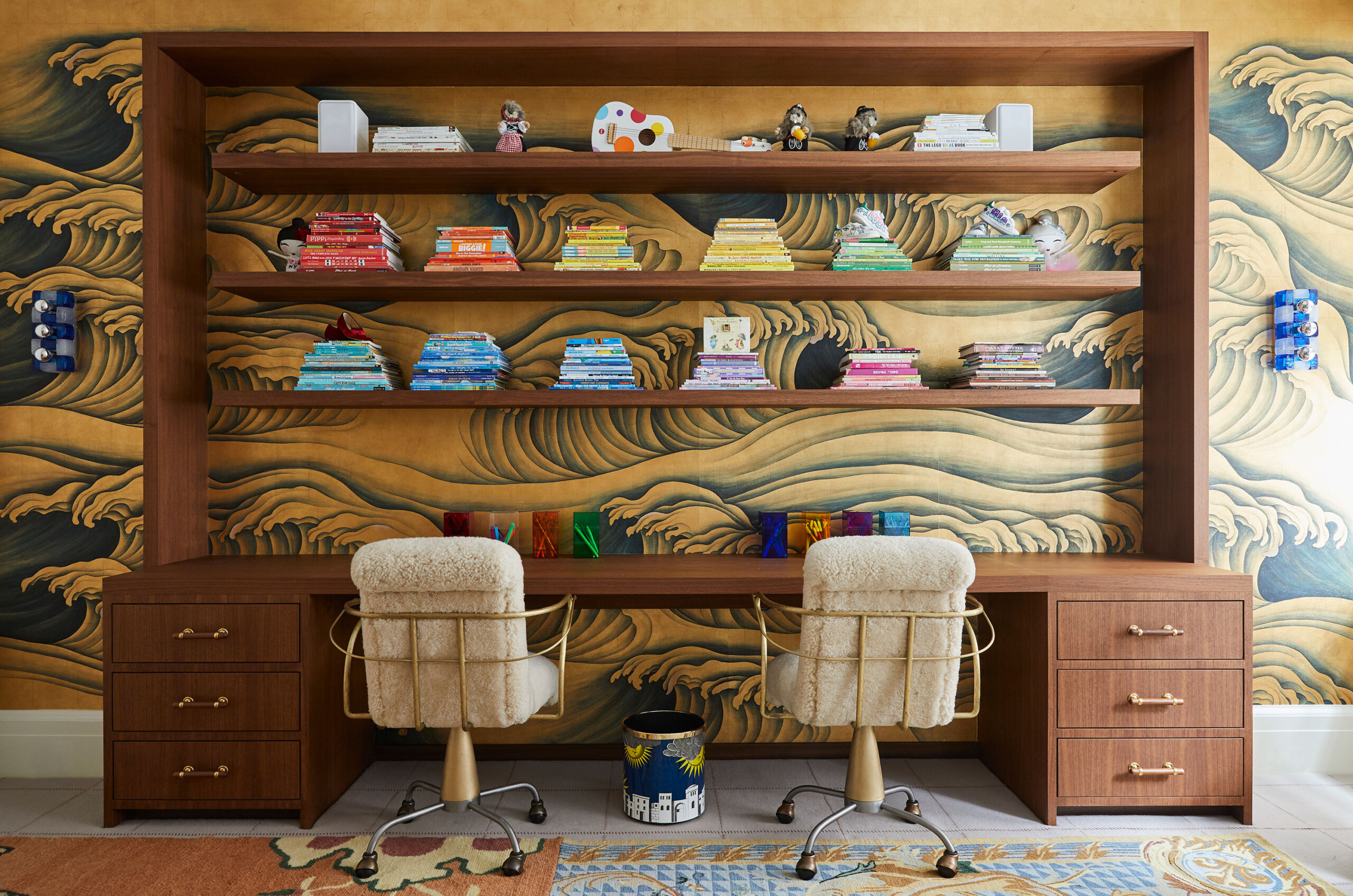 Uptown Eclectic - Pembrooke & Ives - Eclectic double desk office space with artistic wallpaper,...