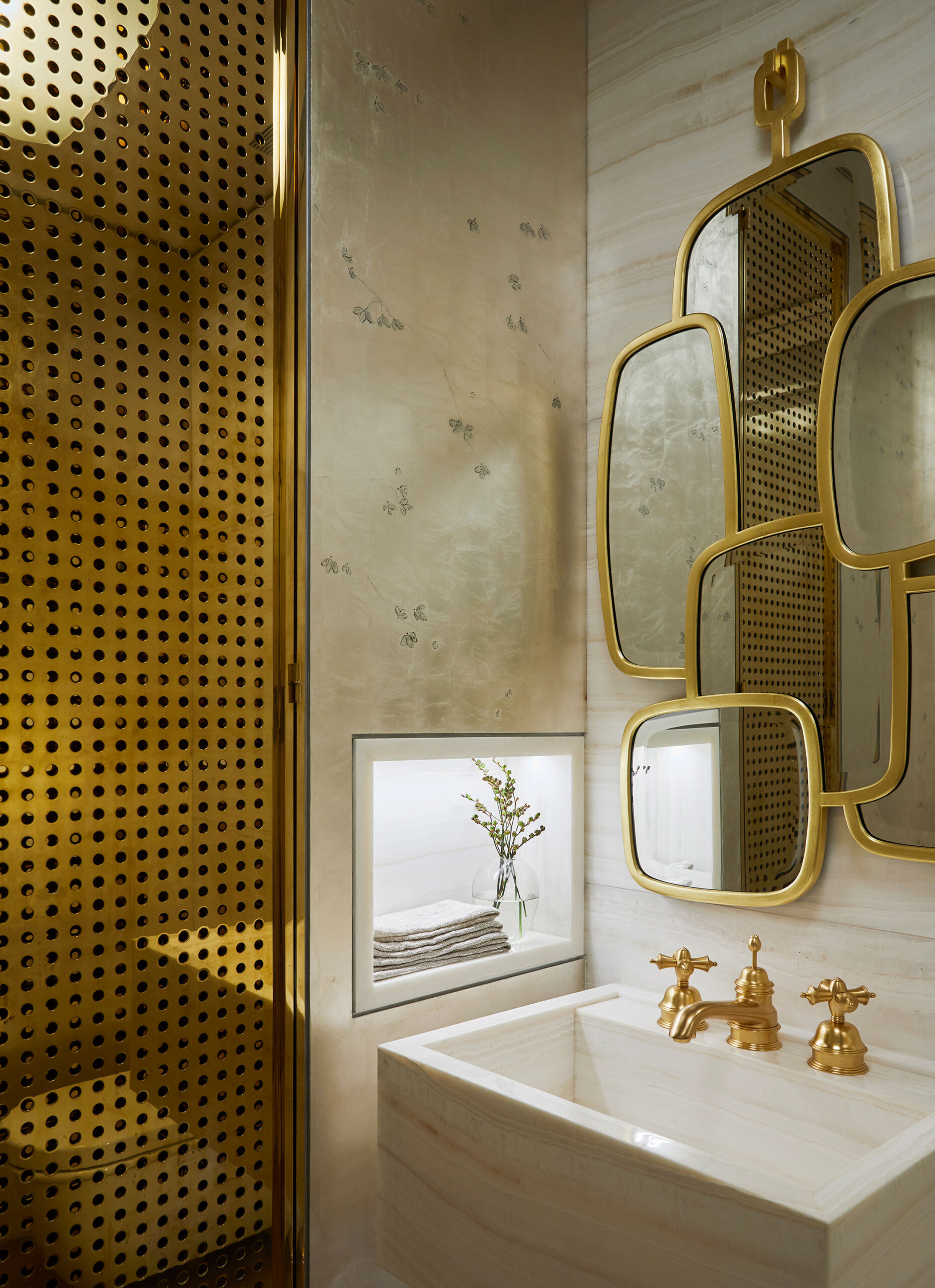 Uptown Eclectic - Pembrooke & Ives - Eclectic bathroom with brass perforated divider, composited...