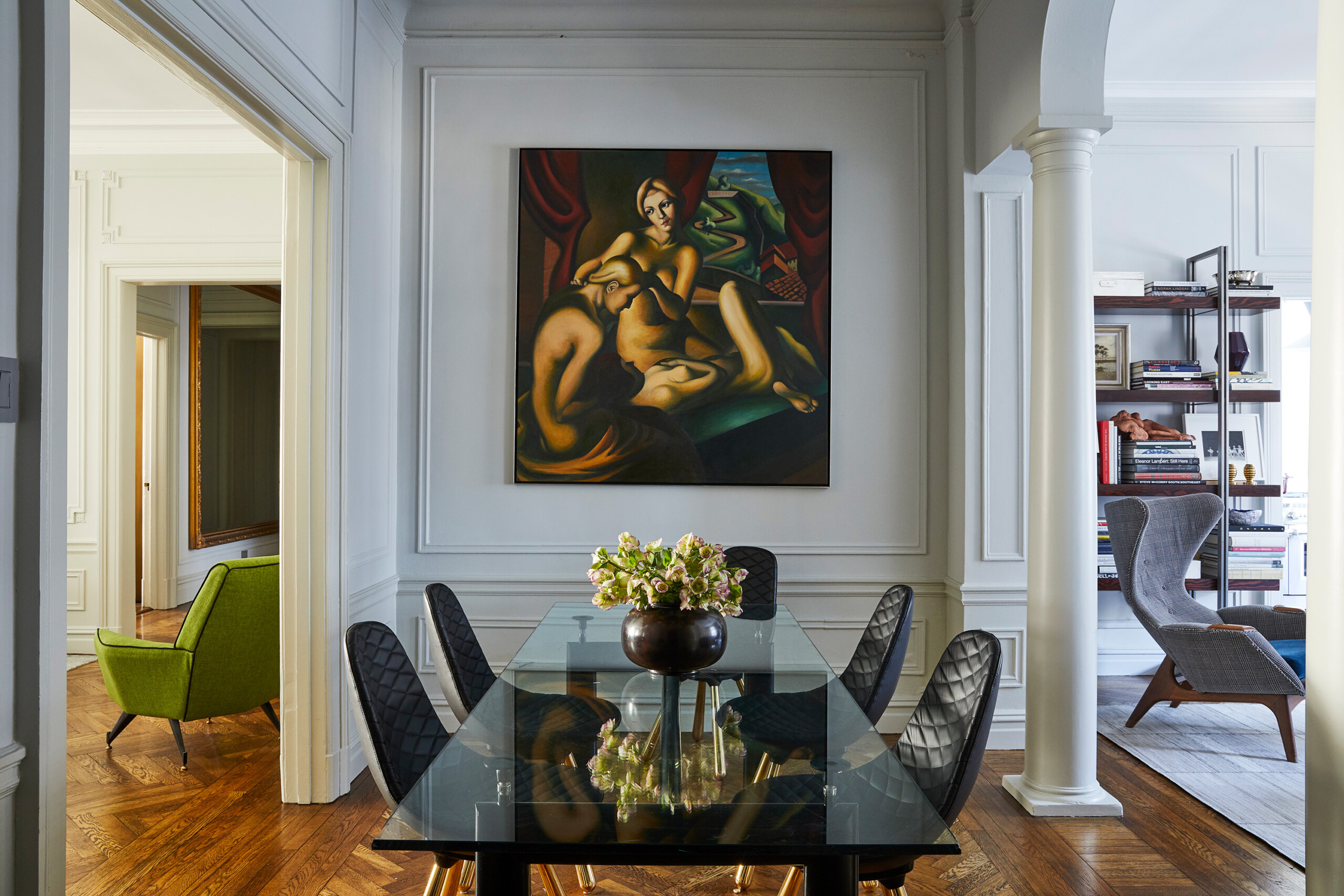 West Side Elegance - Pembrooke & Ives - West Side dining room with black leather dining chairs,...
