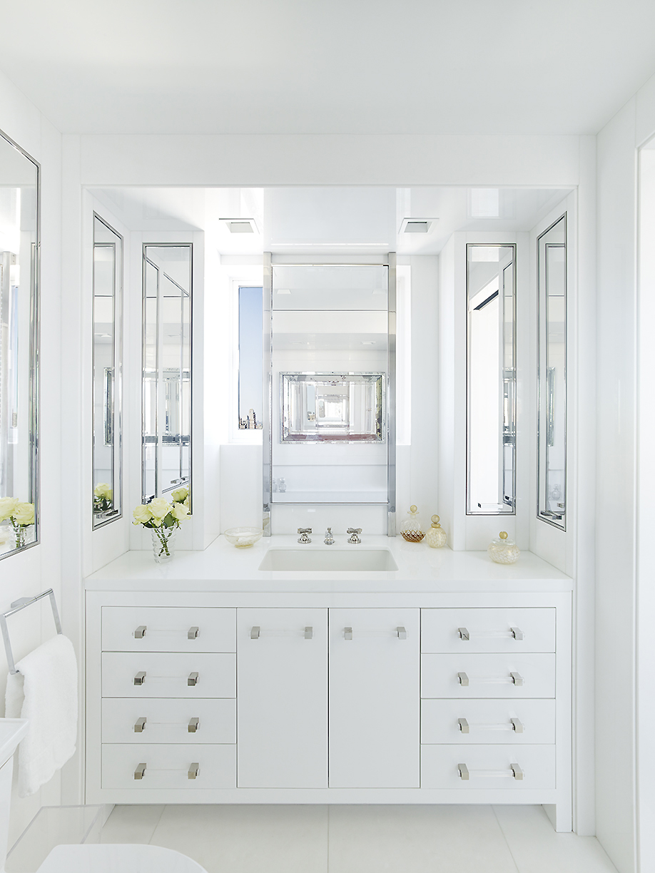 Classical Park Avenue - Modern white bathroom on Park Avenue with squared vanity, clear acrylic...