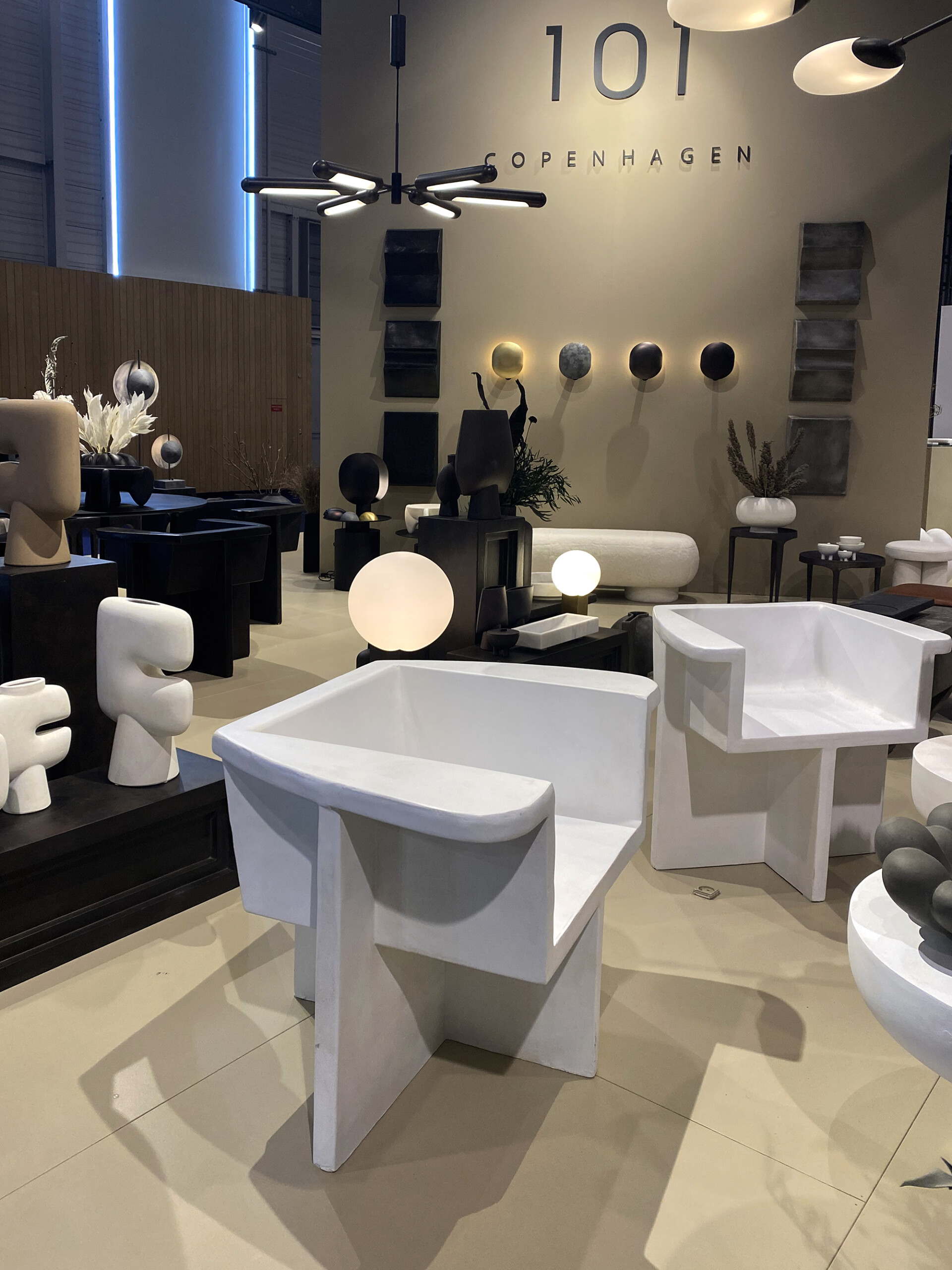 101 Copenhagen showroom in Paris at the Maison & Objet 2022. Geometric shaped chairs.