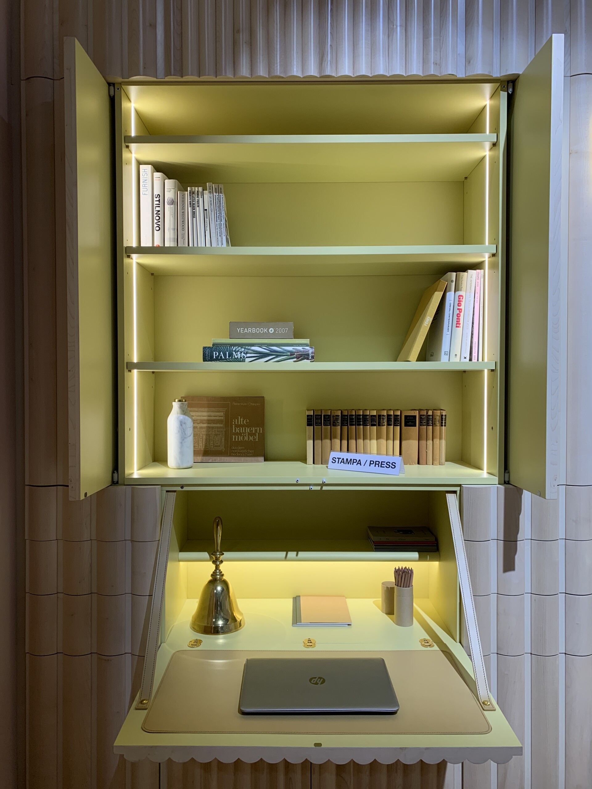 Salone del Mobile 2022, Fratelli Boffi Fluted Design, Modern and colorful desk, interior lights,...