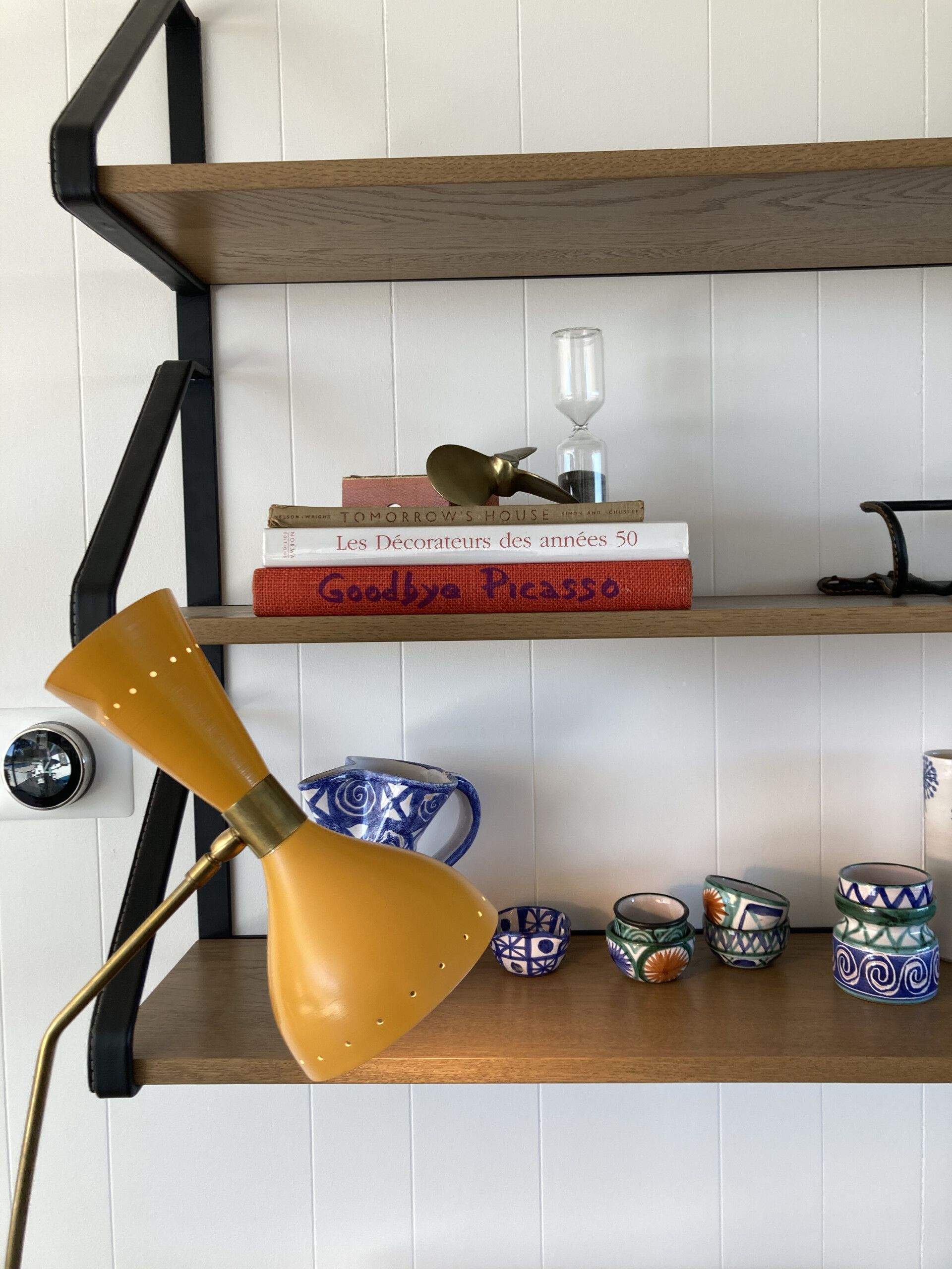 Yellow lamp, Greece inspired cups and water vase. Orange Furniture, Antiques in Los Angeles