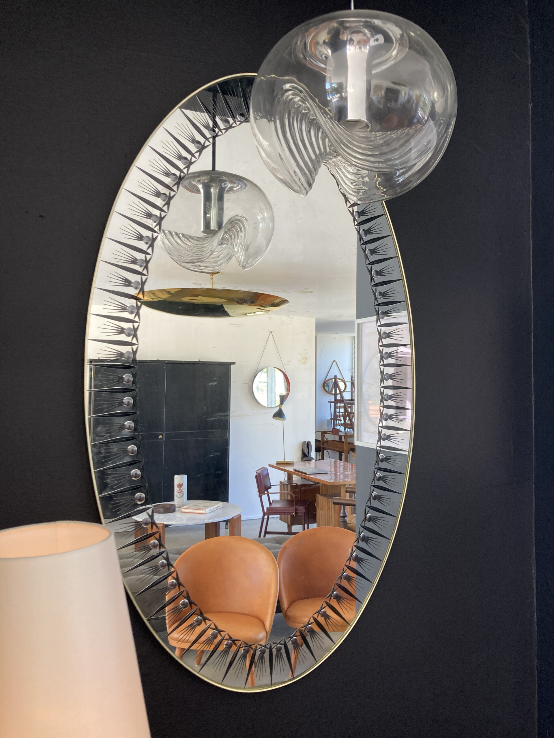 Waved light fixture with a ovel shaped mirror with detailed boarder, Orange Furniture, Antiques...