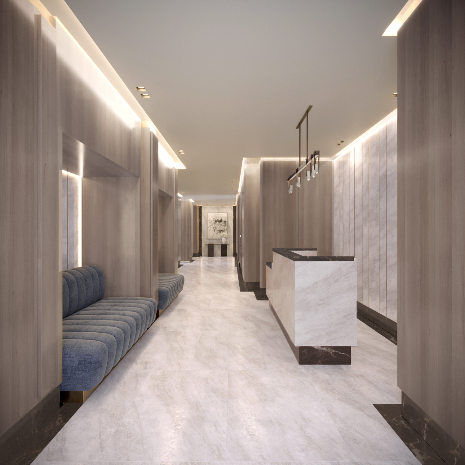 Rendering of a modern lobby featuring white marble and dramatic lighting.