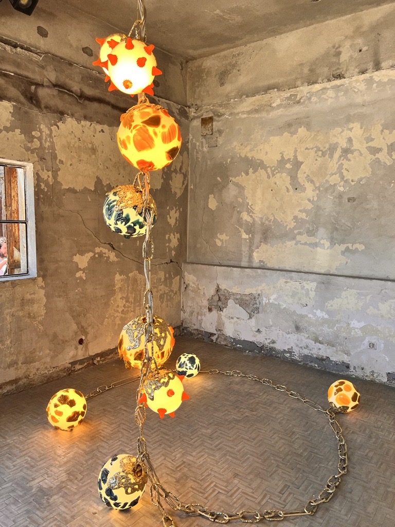 Alcova, Dario Buratto, Hanging light fixture, chain colorful glass globe lights from Milan Design...