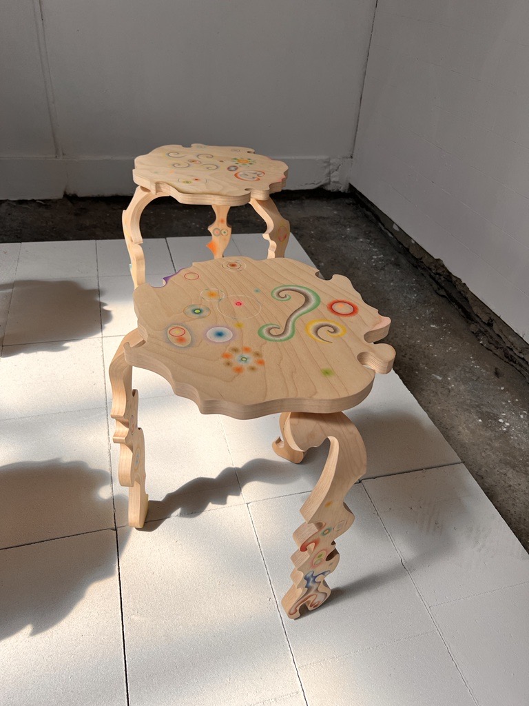 Alcova, Isabel Rower, wooden stool with colorful designs