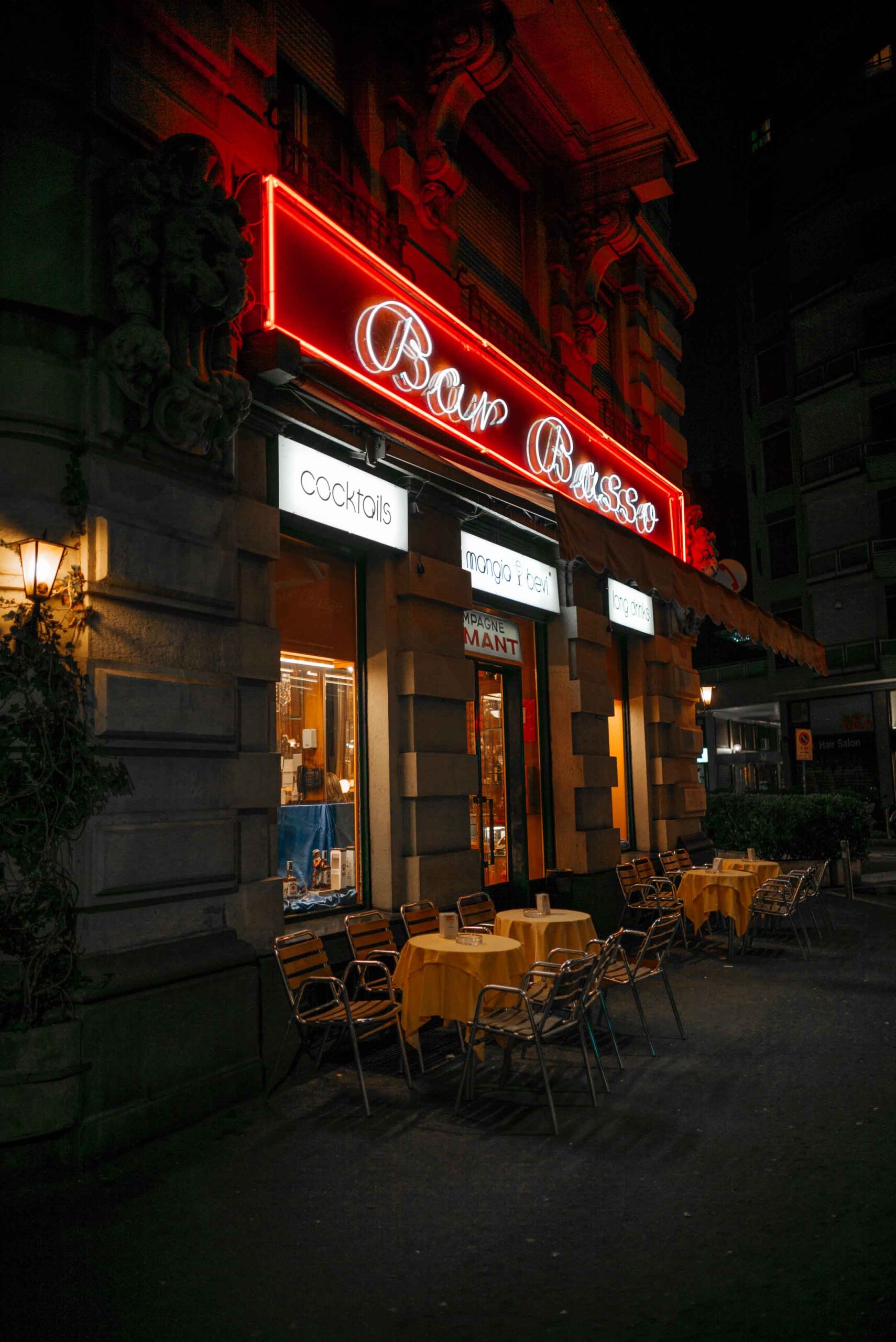 Bar Basso exterior at night, Milan, Italy