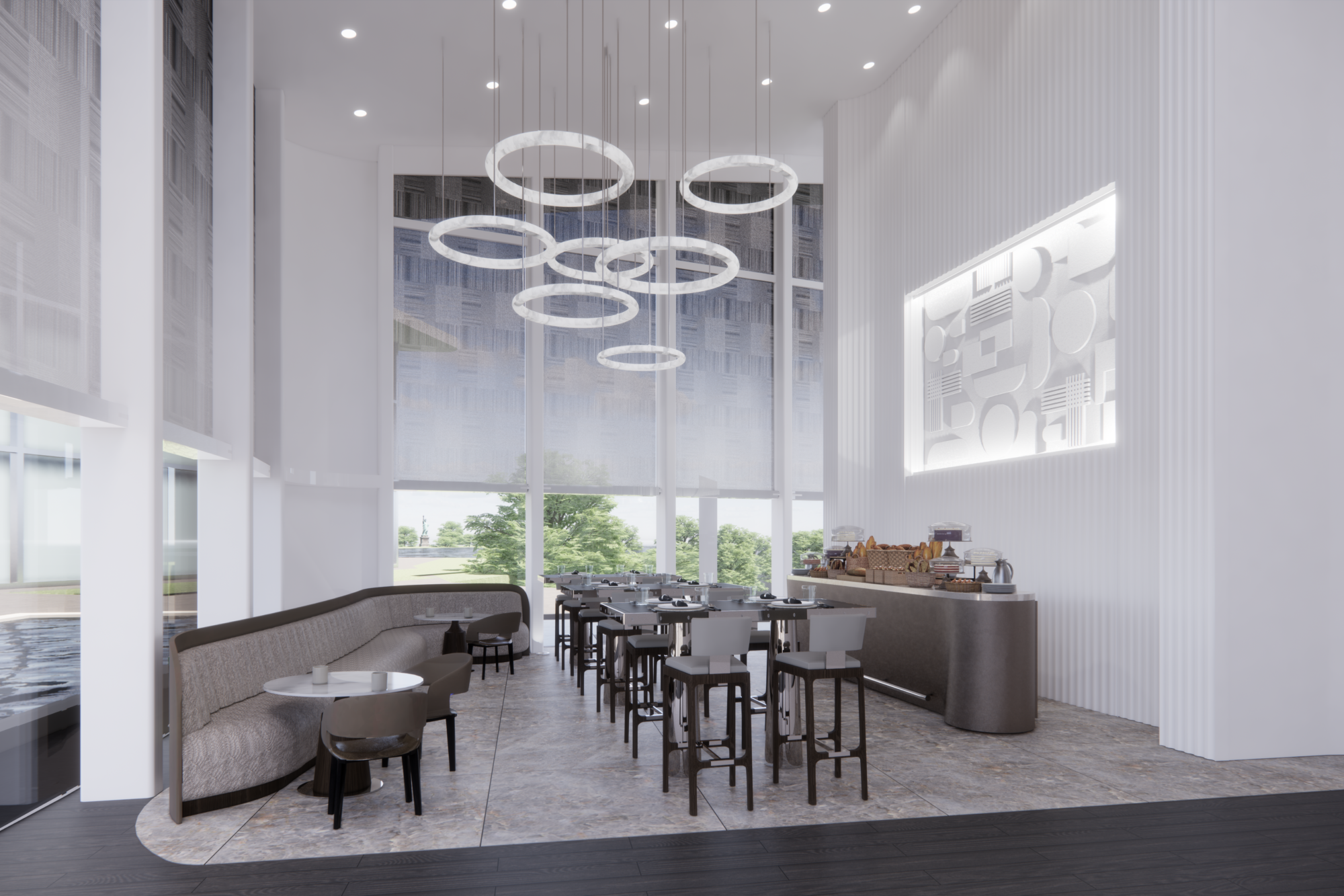 Liberty National Golf Club - Hospitality interior design by Pembrooke & Ives, Rendering of bistro,...
