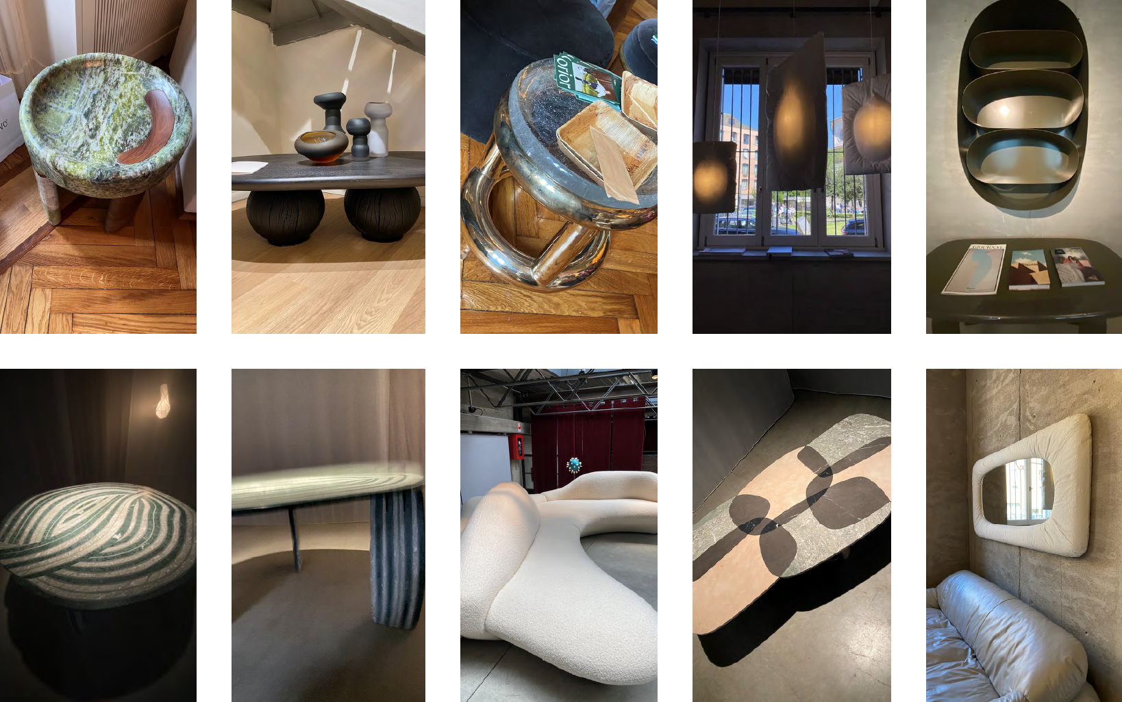 Grid of 10 rectangular images in vertical alignment showcasing pieces from Milan Design Week 2024