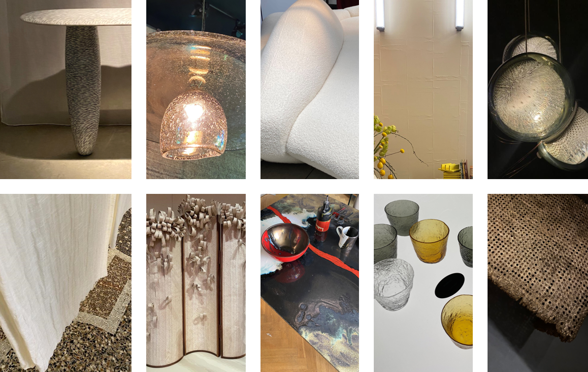 Grid of 10 rectangular images in vertical alignment showcasing pieces from Milan Design Week 2024