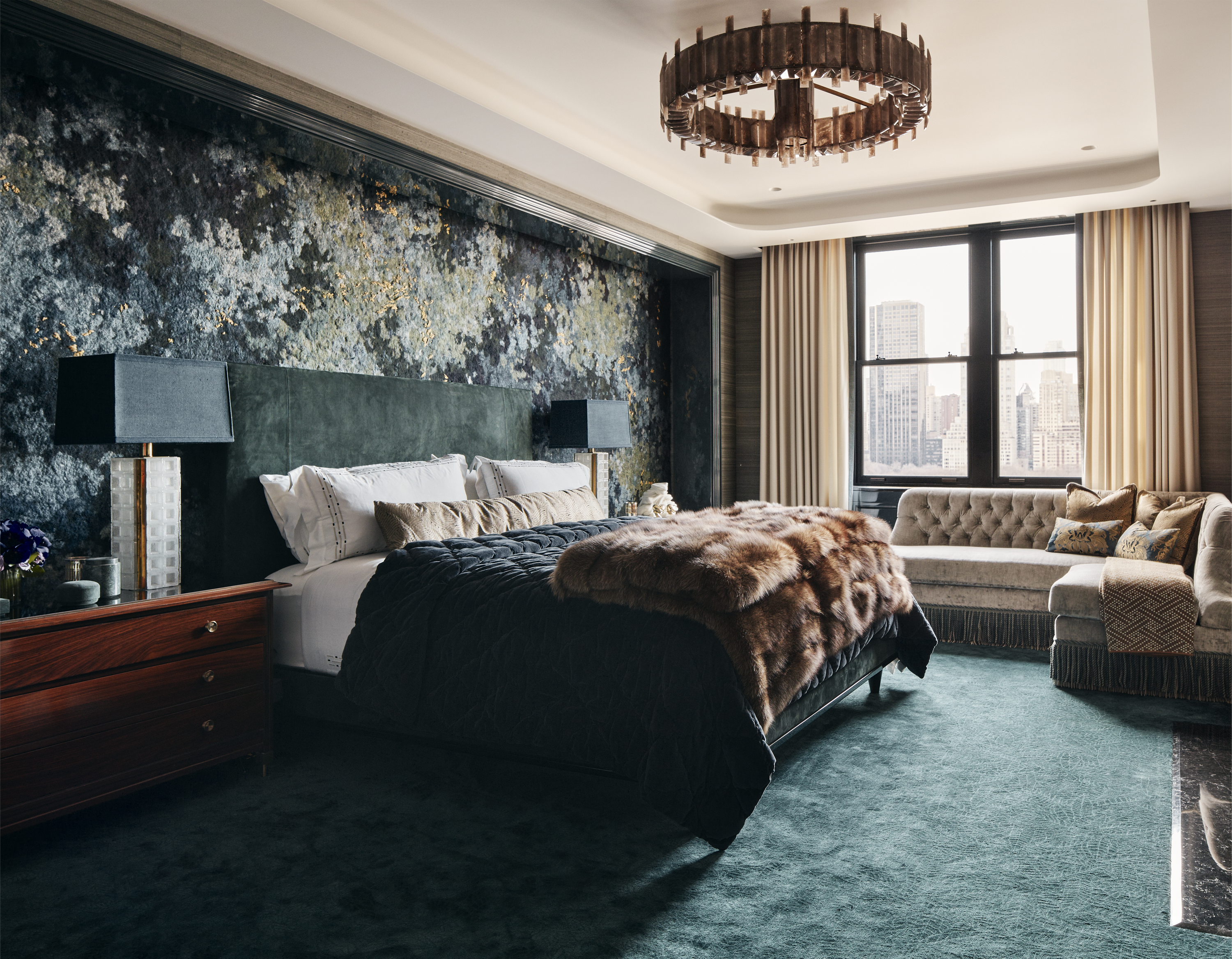 New York City interior design by Pembrooke & Ives. Luxe primary bedroom with teal blue color palette...