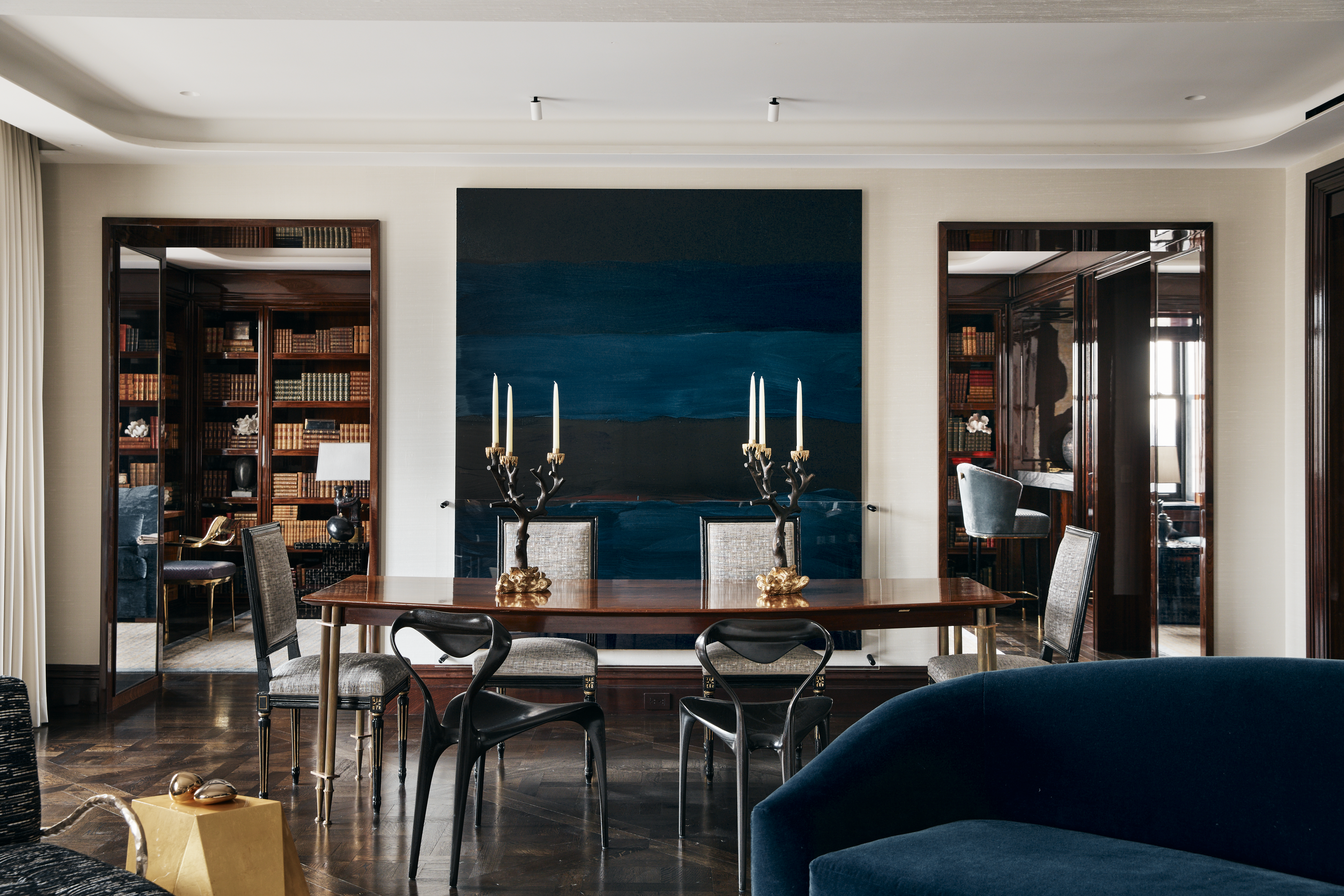 New York City interior design by Pembrooke & Ives. Formal dining rom with deep jewel tones and...