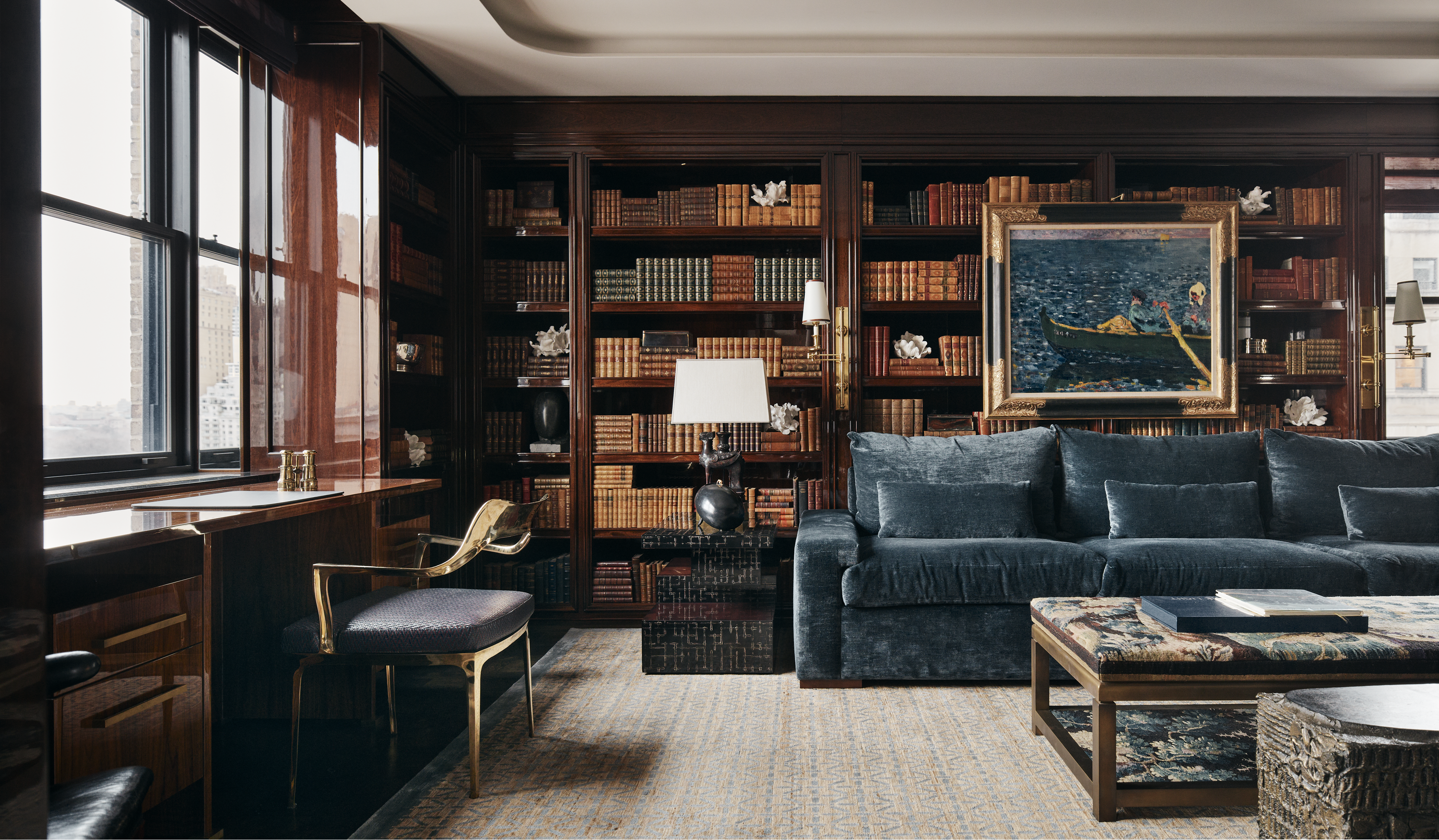 New York City interior design by Pembrooke & Ives. Library with rich textures and moody color palette.
