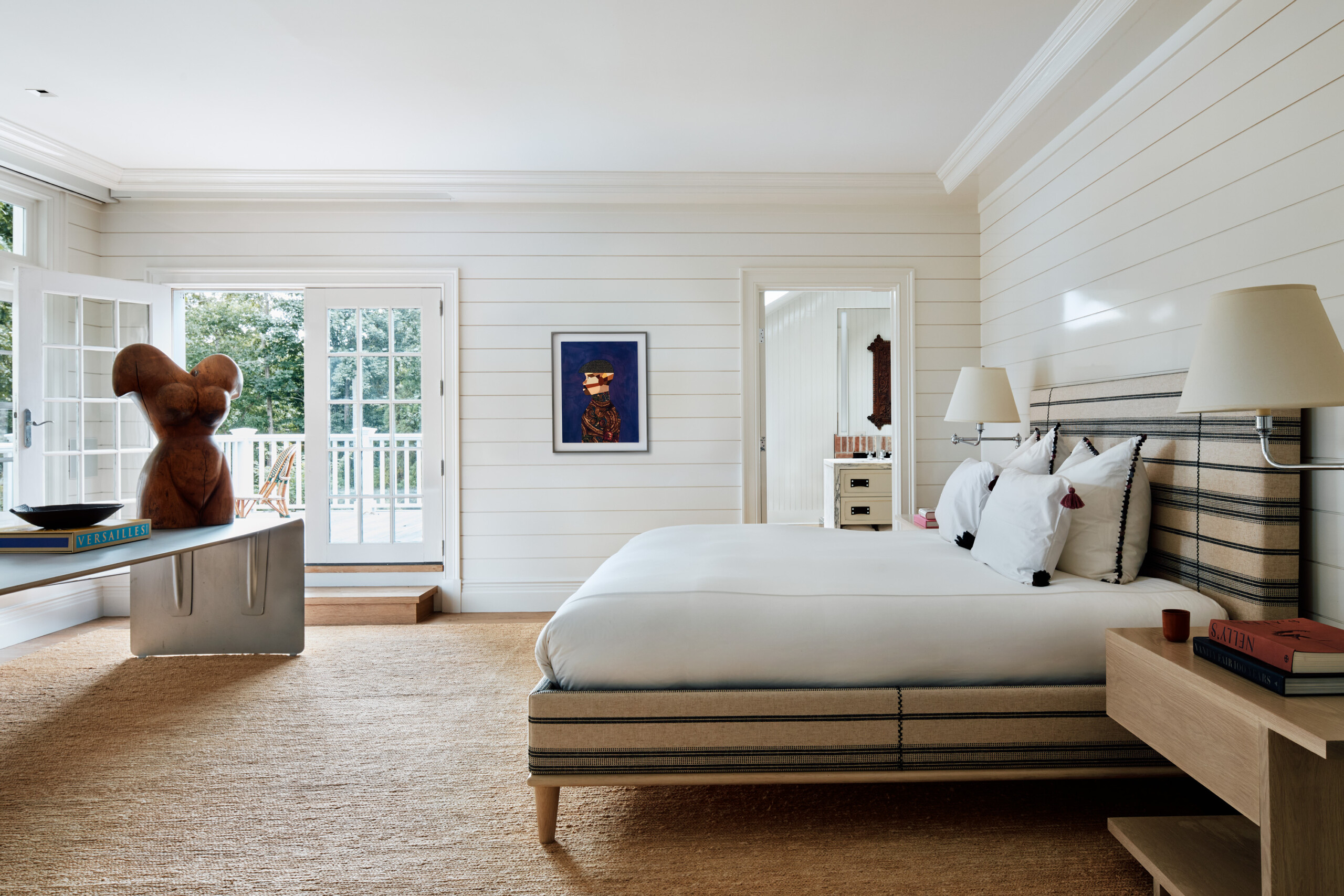 Hamptons Interior Design by Pembrooke & Ives. Primary bedroom with coastal palette.