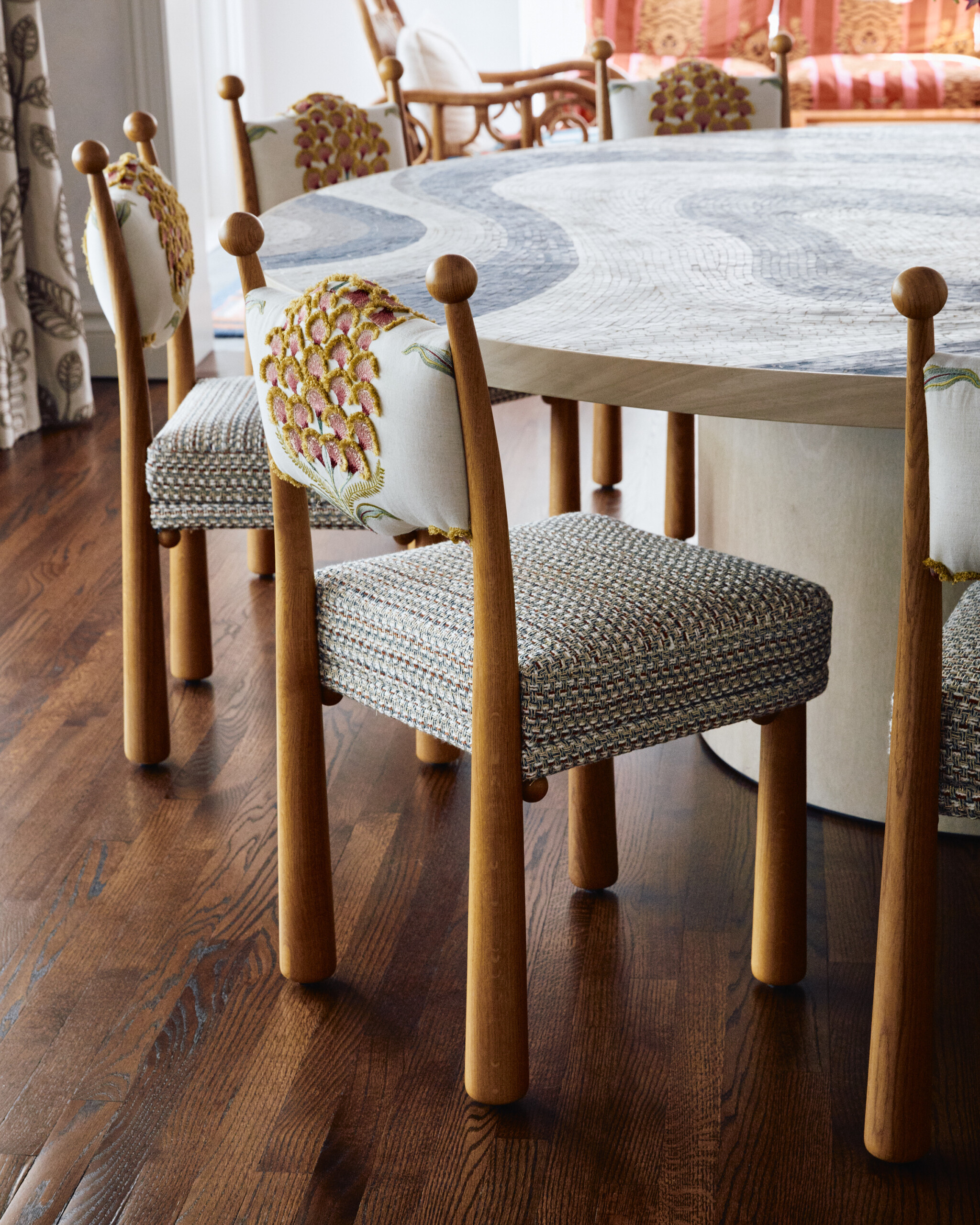 Palm Beach Interior Design by Pembrooke & Ives. Dining room detail shot with mosaic round table,...
