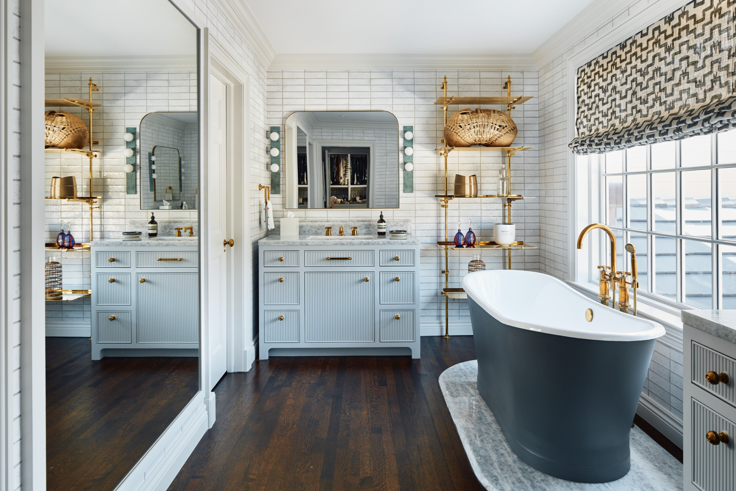 Palm Beach Interior Design by Pembrooke & Ives. Primary bathroom with coastal color palette, tiles,...