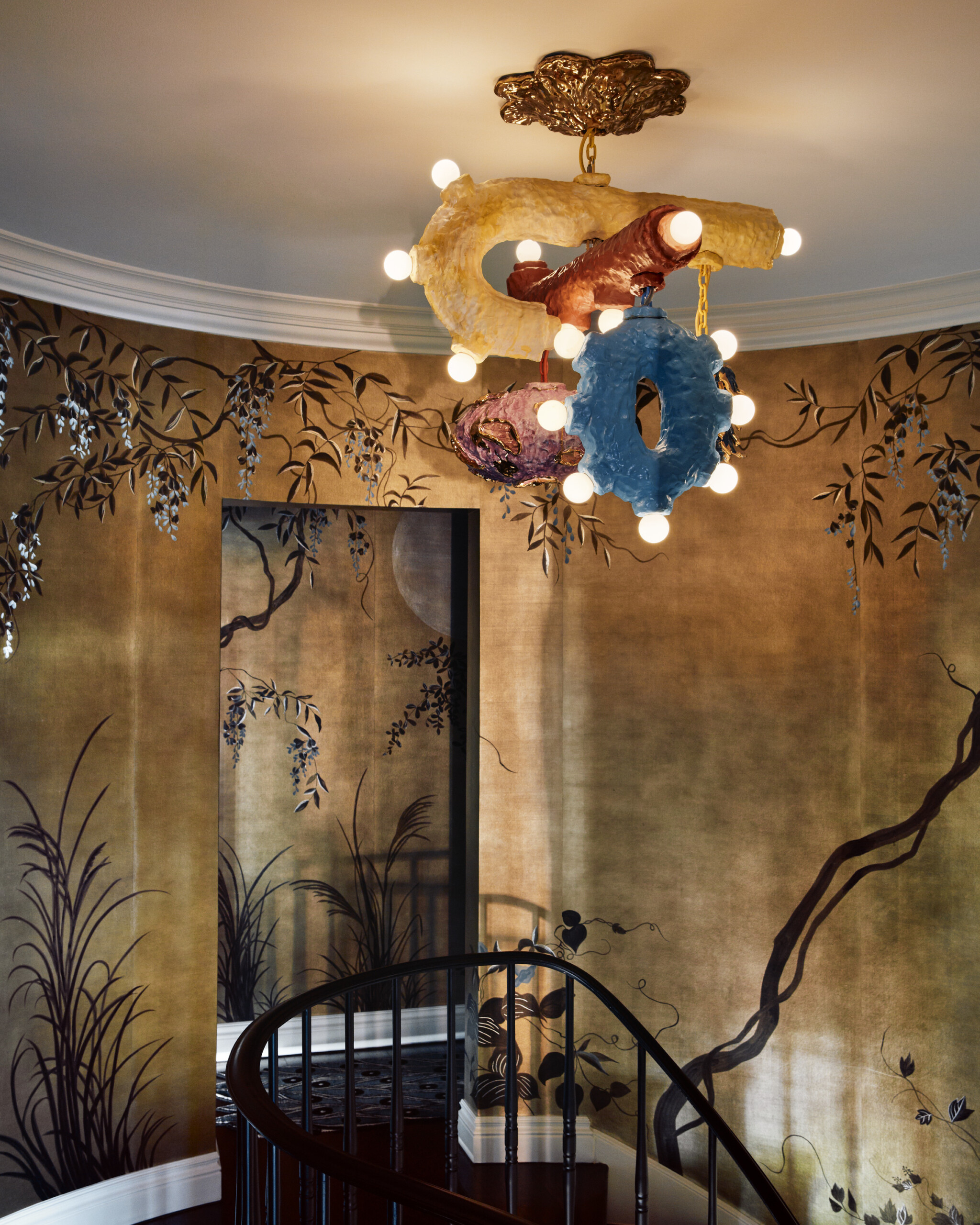 Palm Beach Interior Design by Pembrooke & Ives. Second floor landing with crown molding, hardwood...