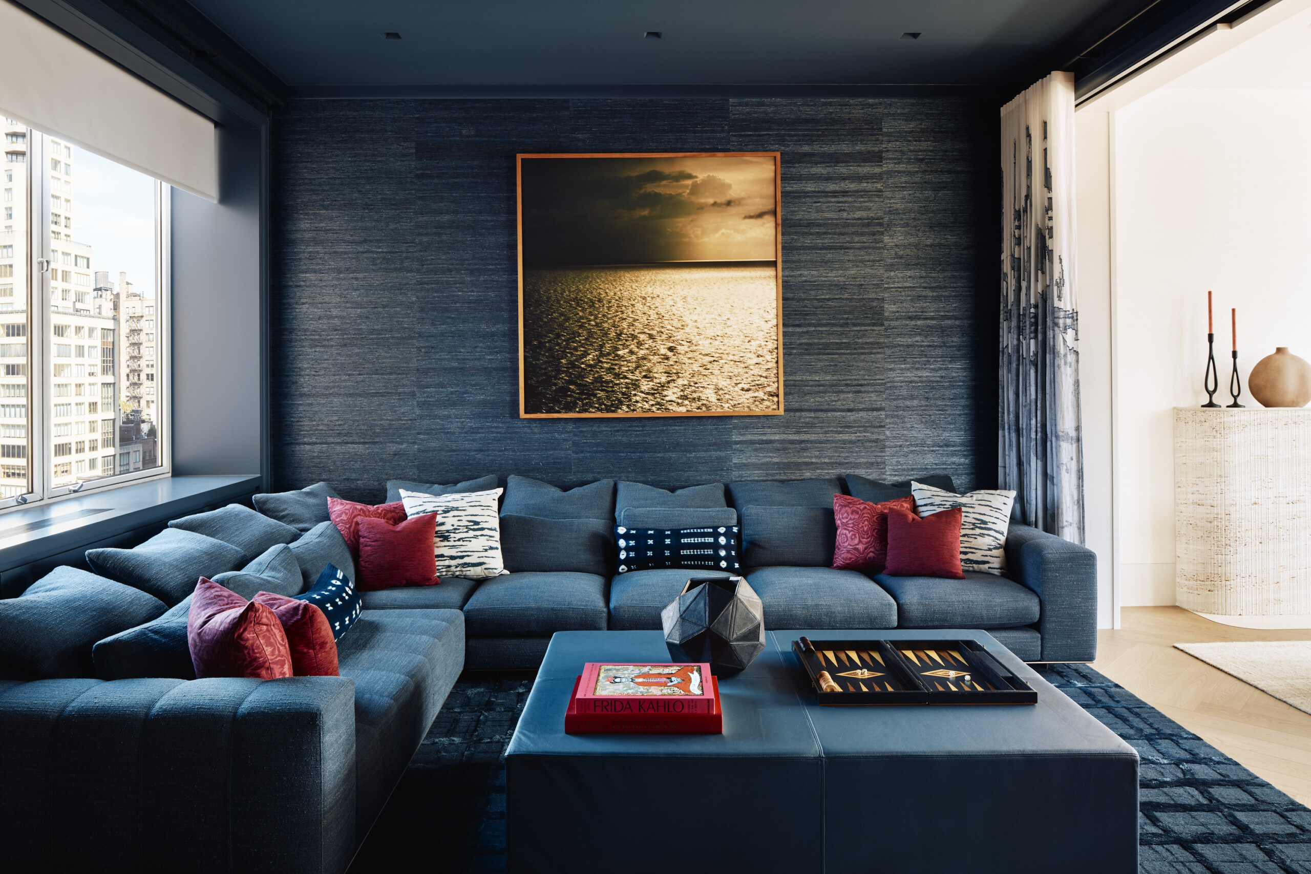 New York City interior design by Pembrooke & Ives. Family room with blue color palette.