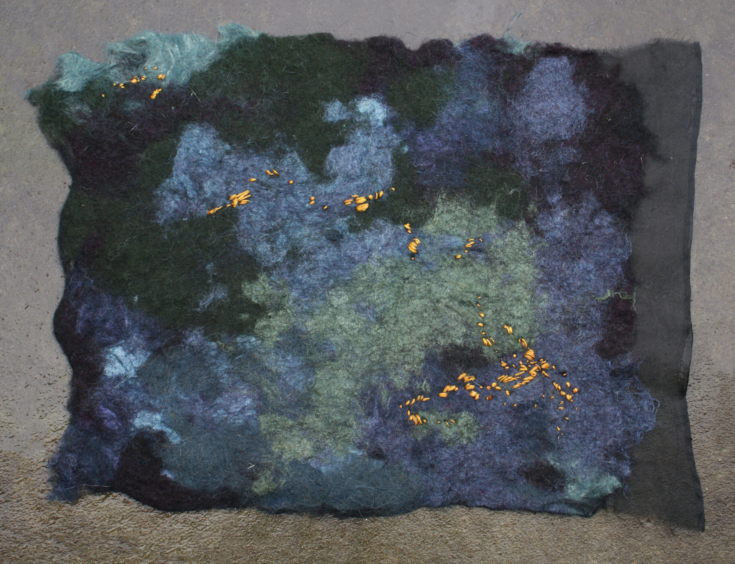 Claudy Jongstra creative process. Image shows beginning stages of a textile artwork made with sheep's...