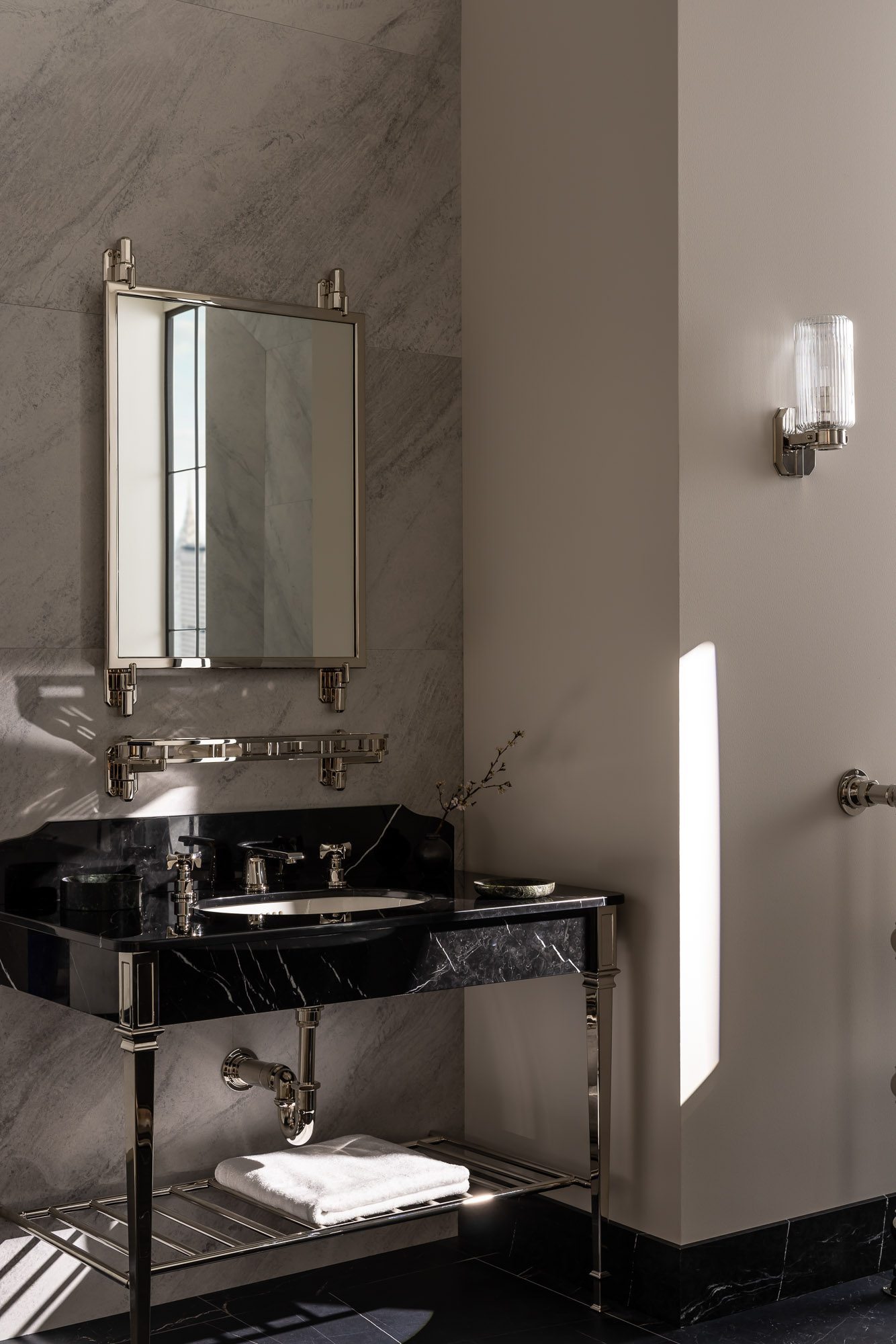 A New York City bathroom styled for an editorial shoot to showcase the Hudson Collection, a product...